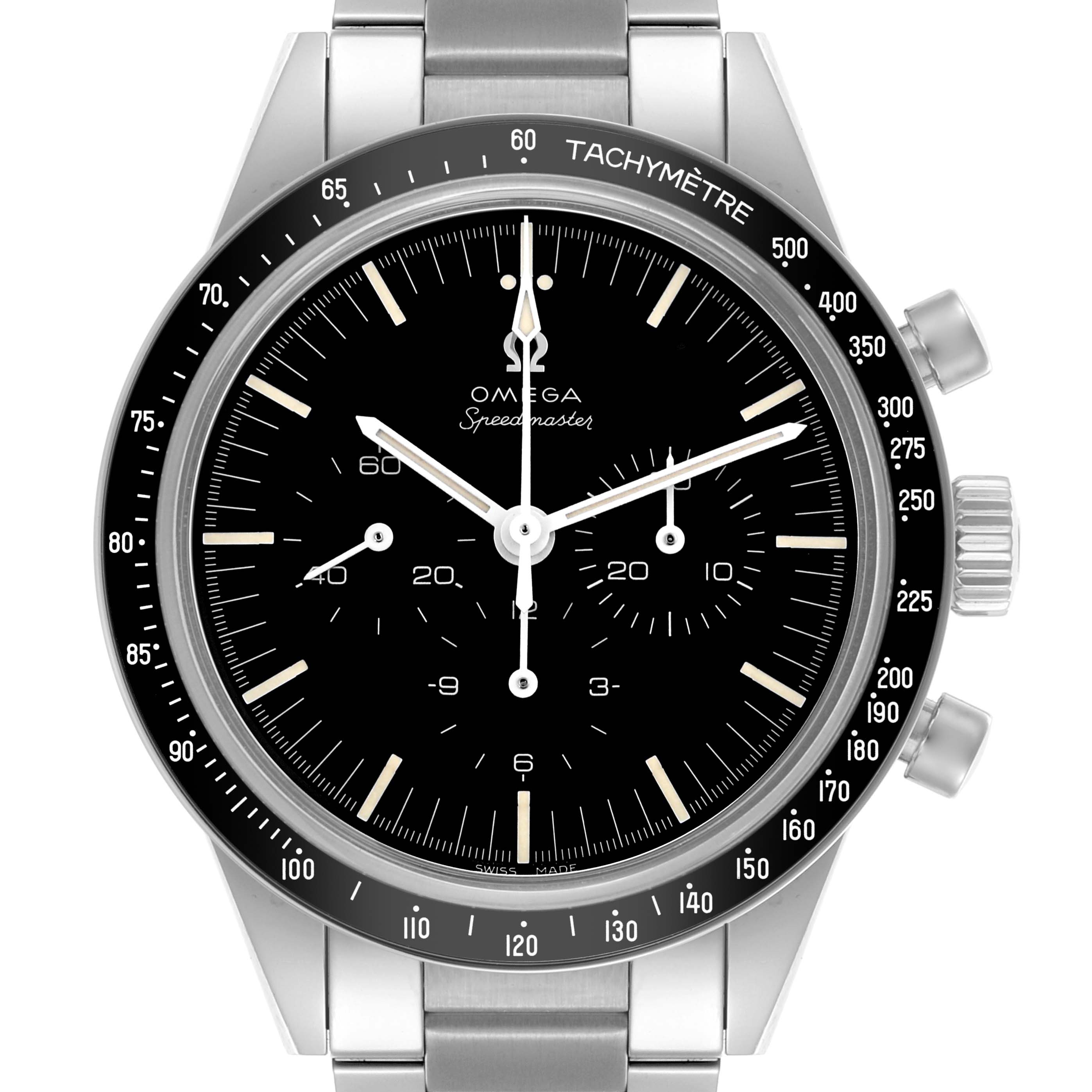 The Omega Speedmaster 311.30.40.30.01.001 Men's Stainless Steel Black Dial 311.30.40.30.01.001 Men's Stainless Steel Black Dial watch is shown from the front, highlighting the dial, tachymeter bezel, and stainless steel bracelet.