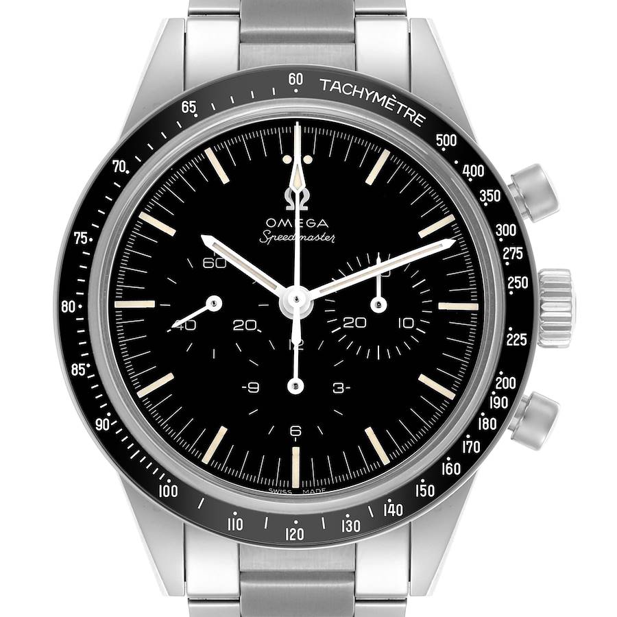 The Omega Speedmaster watch is shown from the front, highlighting the dial, tachymeter bezel, and stainless steel bracelet.