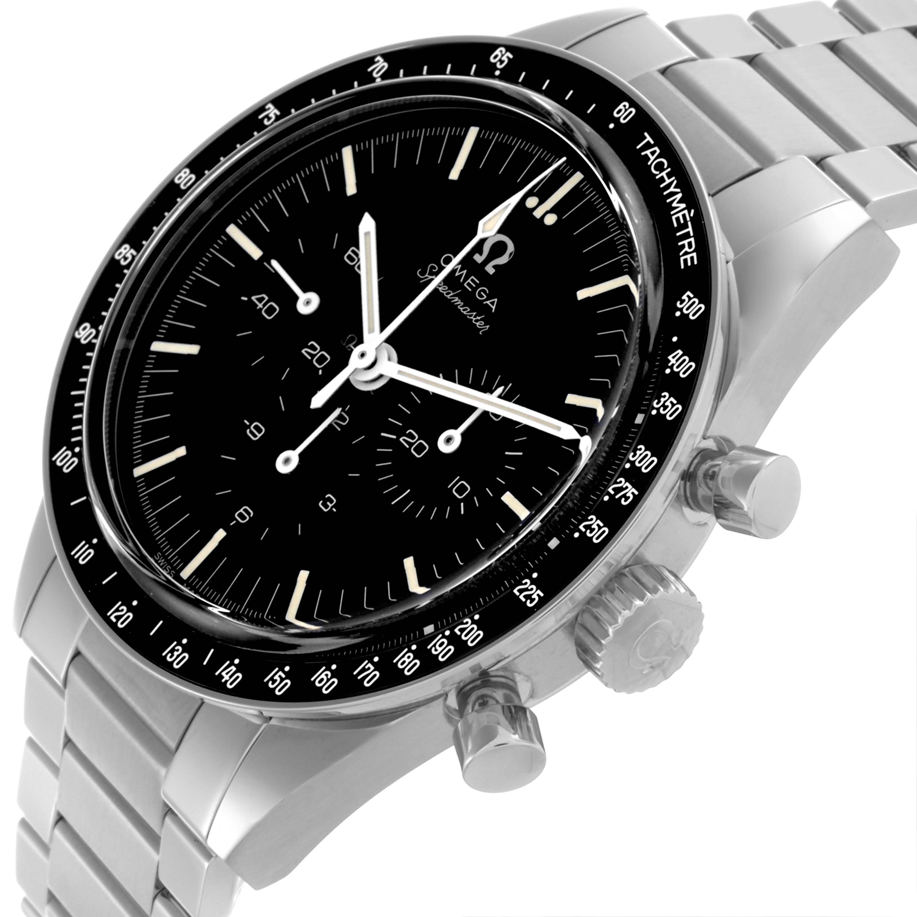 The Omega Speedmaster 311.30.40.30.01.001 Men's Stainless Steel Black Dial 311.30.40.30.01.001 Men's Stainless Steel Black Dial watch is shown at an angled view highlighting the bezel, dial, crown, pushers, and metal bracelet.