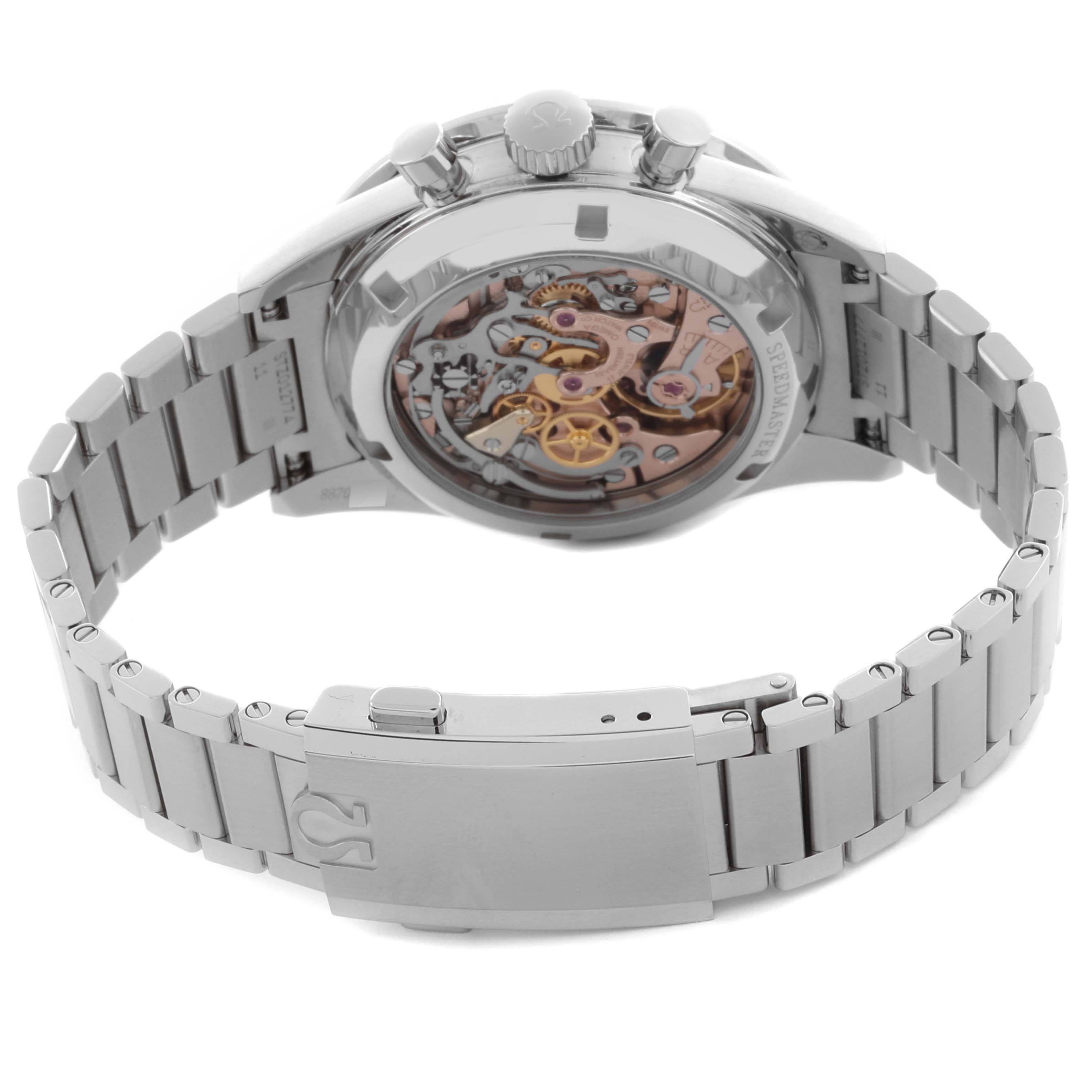 The Omega Speedmaster 311.30.40.30.01.001 Men's Stainless Steel Black Dial 311.30.40.30.01.001 Men's Stainless Steel Black Dial watch is shown from the back, displaying its transparent case back and metal bracelet.