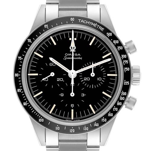 The Omega Speedmaster watch is shown from the front, displaying its black dial, tachymetric bezel, and stainless steel bracelet.