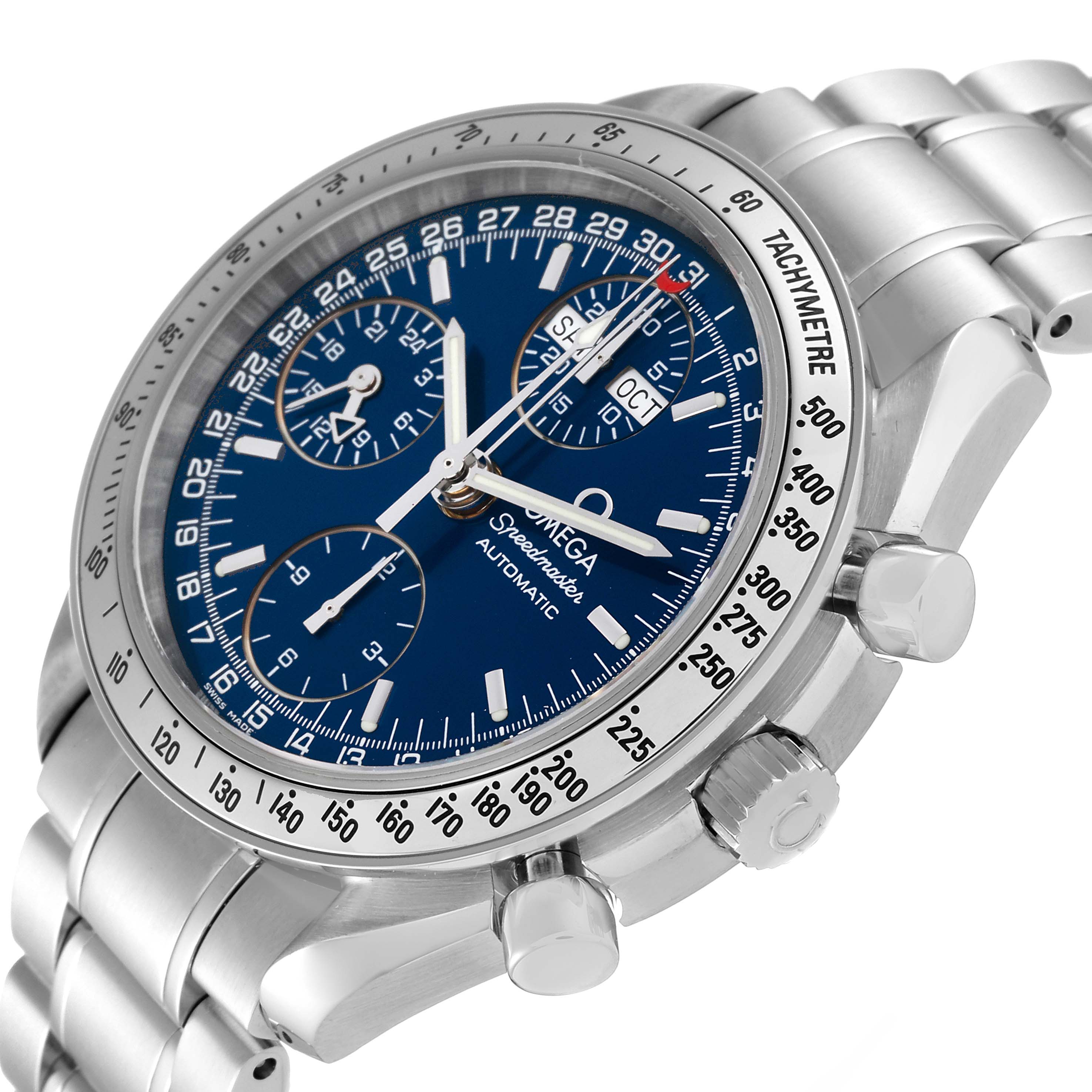 The Omega Speedmaster 3523.80.00 Men
s Stainless Steel Blue Dial 3523.80.00 Men
s Stainless Steel Blue Dial watch is shown from an angled side view, highlighting the dial, bezel, and part of the stainless steel bracelet.