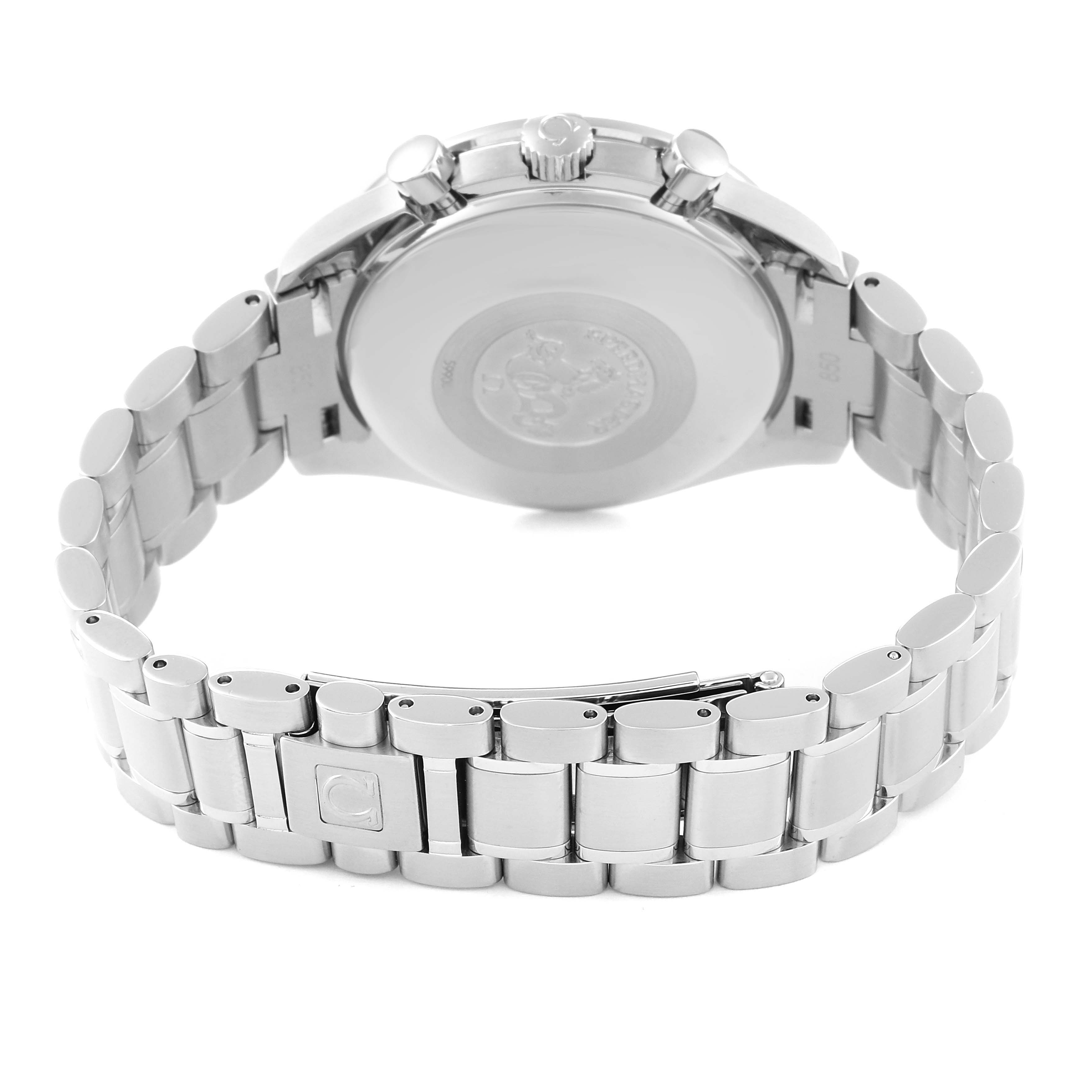 The image shows the back case and metal bracelet of an Omega Speedmaster 3523.80.00 Men
s Stainless Steel Blue Dial 3523.80.00 Men
s Stainless Steel Blue Dial watch from a rear angle.