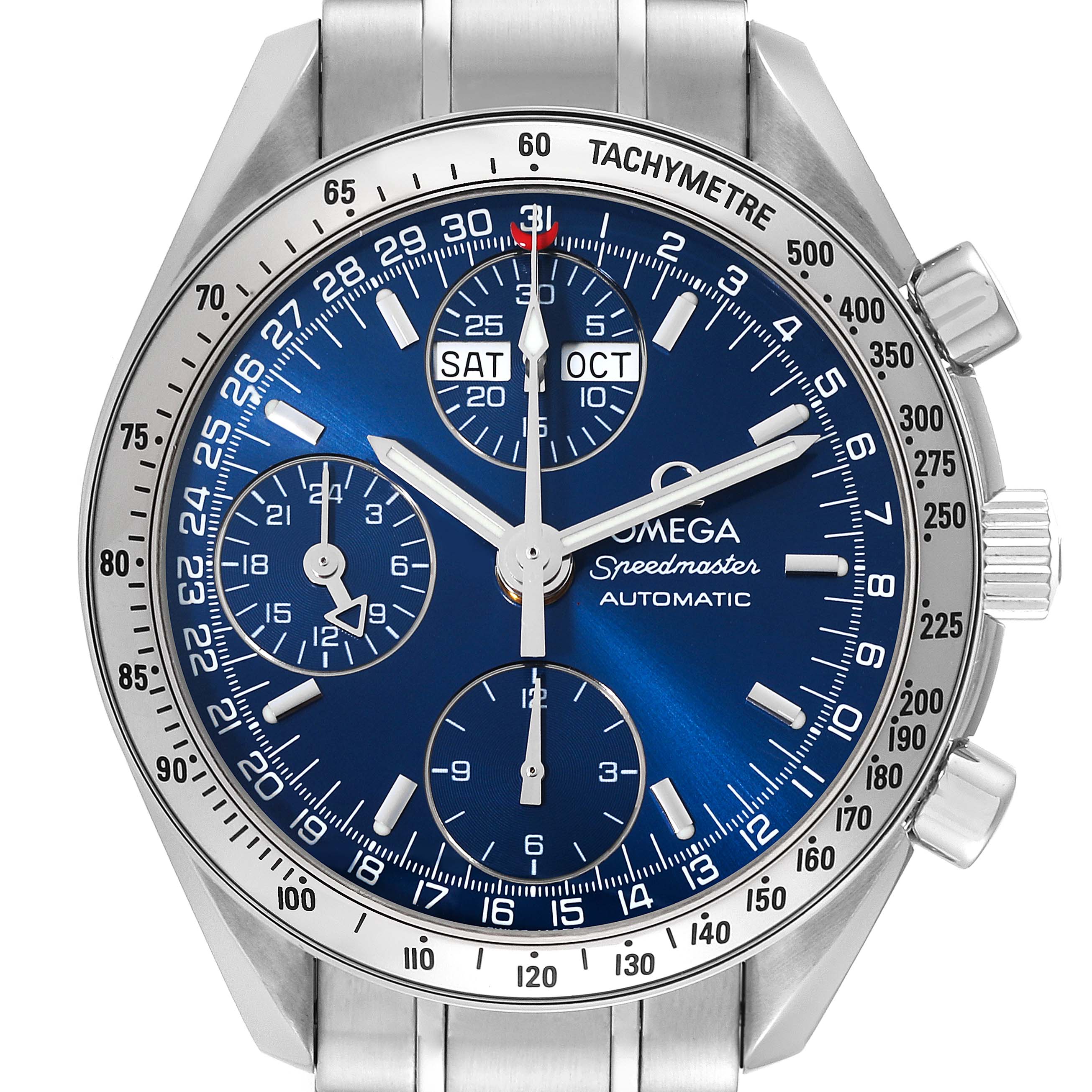 The image shows a close-up of the face of an Omega Speedmaster 3523.80.00 Men
s Stainless Steel Blue Dial 3523.80.00 Men
s Stainless Steel Blue Dial watch with a blue dial and tachymeter bezel.
