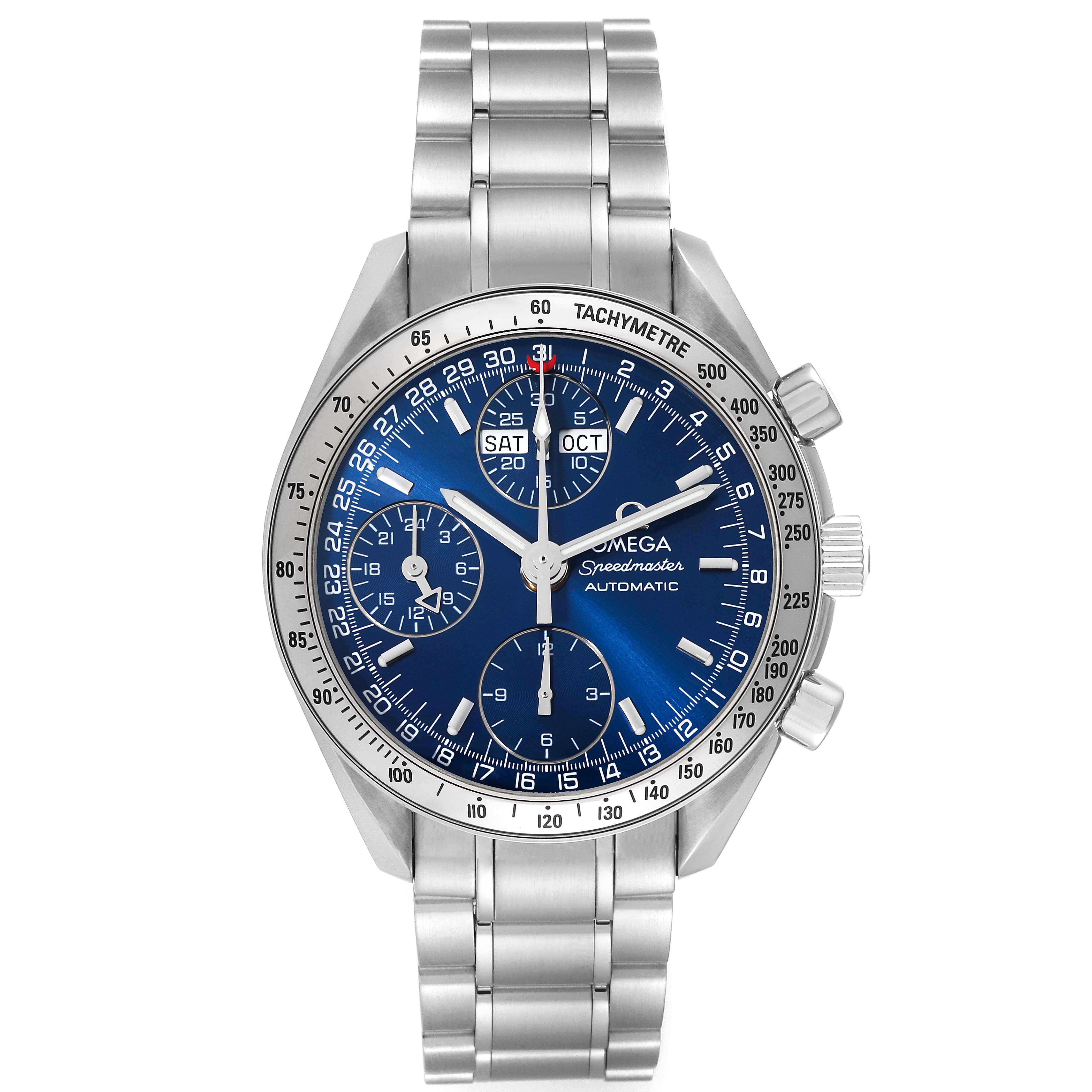 The image shows a front view of the Omega Speedmaster 3523.80.00 Men
s Stainless Steel Blue Dial 3523.80.00 Men
s Stainless Steel Blue Dial watch, highlighting its blue dial, steel bracelet, and chronograph subdials.