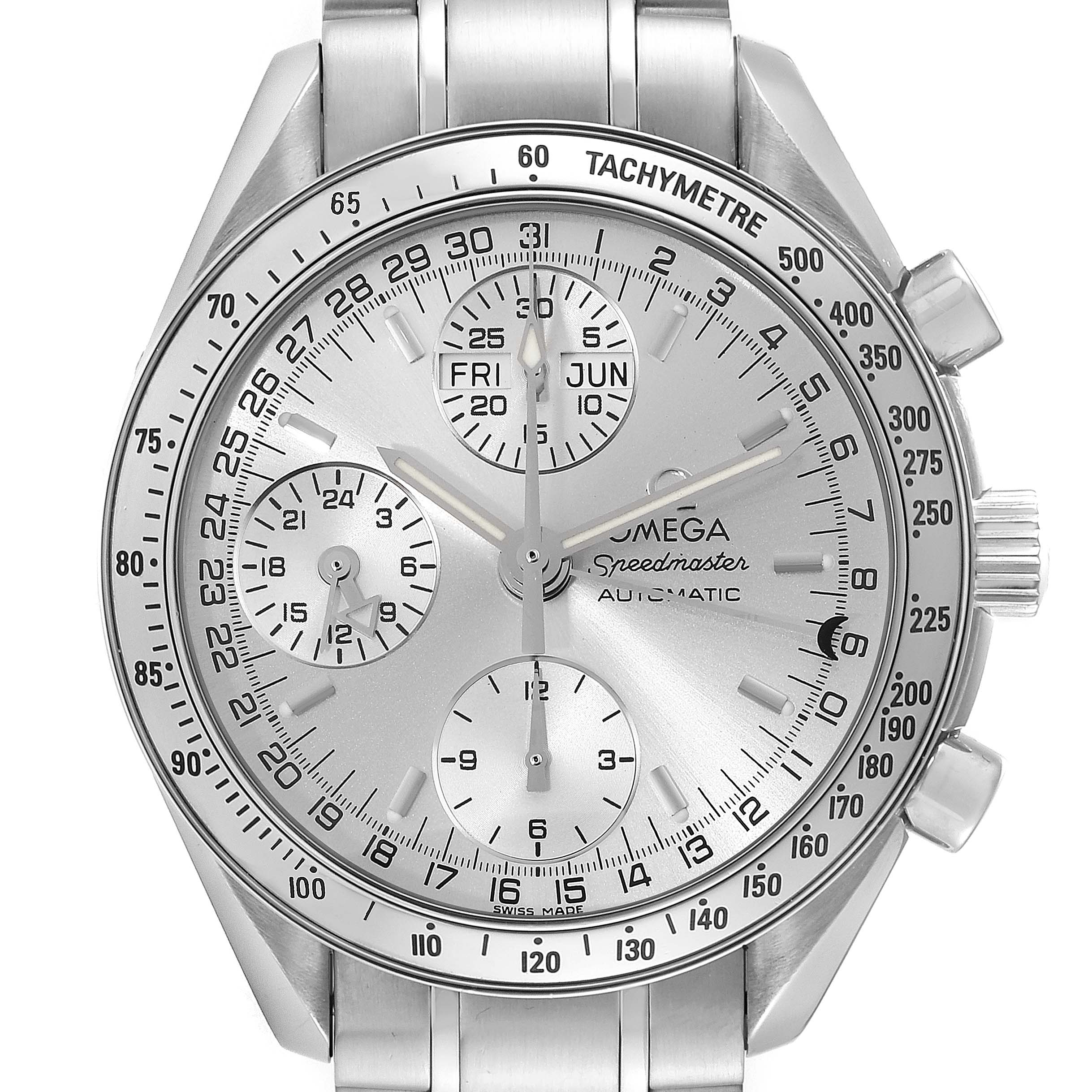 The image shows a front view of an Omega Speedmaster 3523.30.00 Men
s Stainless Steel Silver Dial 3523.30.00 Men
s Stainless Steel Silver Dial watch, displaying its dial, tachymeter, subdials, and stainless steel bracelet.