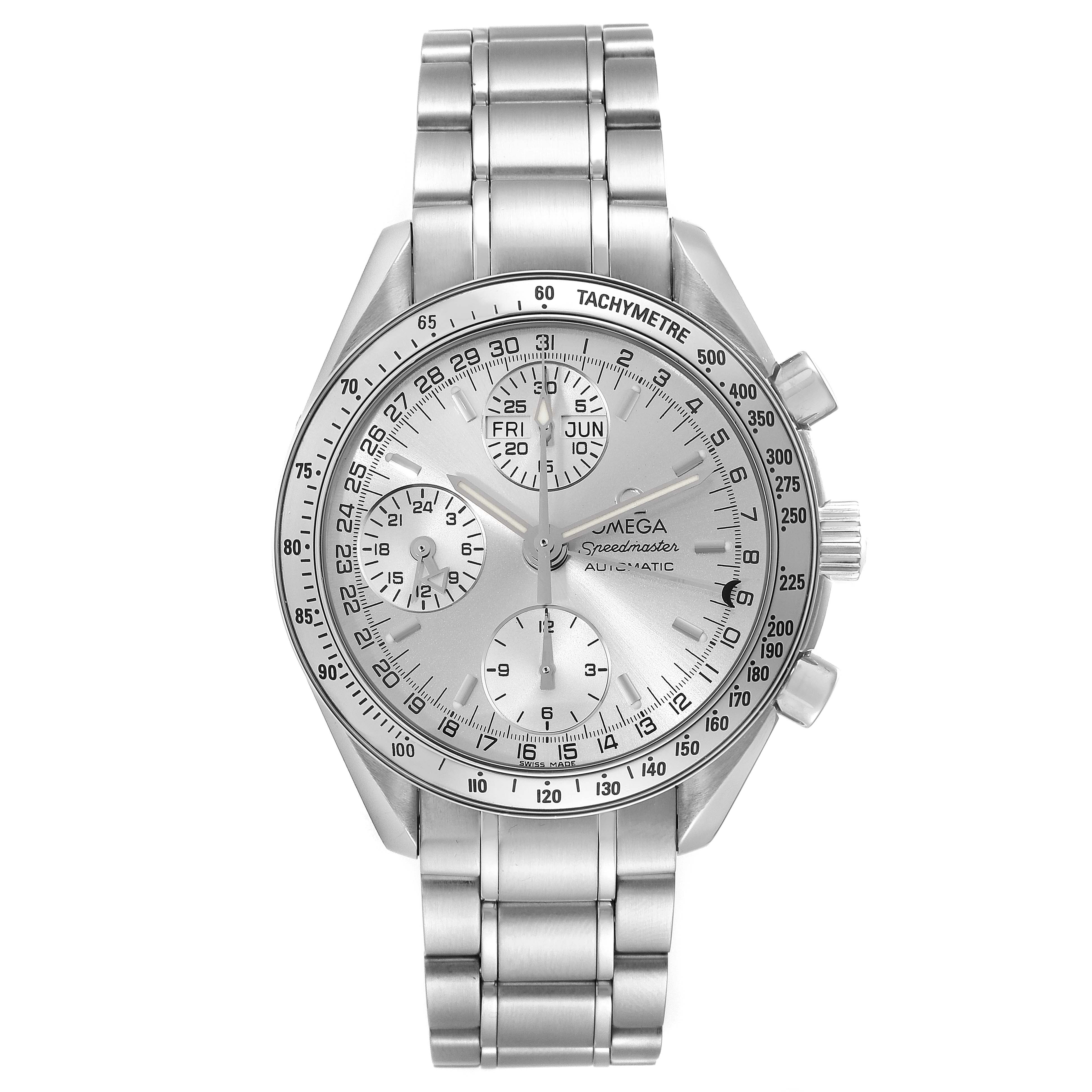 The image shows a front view of an Omega Speedmaster 3523.30.00 Men
s Stainless Steel Silver Dial 3523.30.00 Men
s Stainless Steel Silver Dial watch, displaying the face, bezel, pushers, crown, and bracelet.