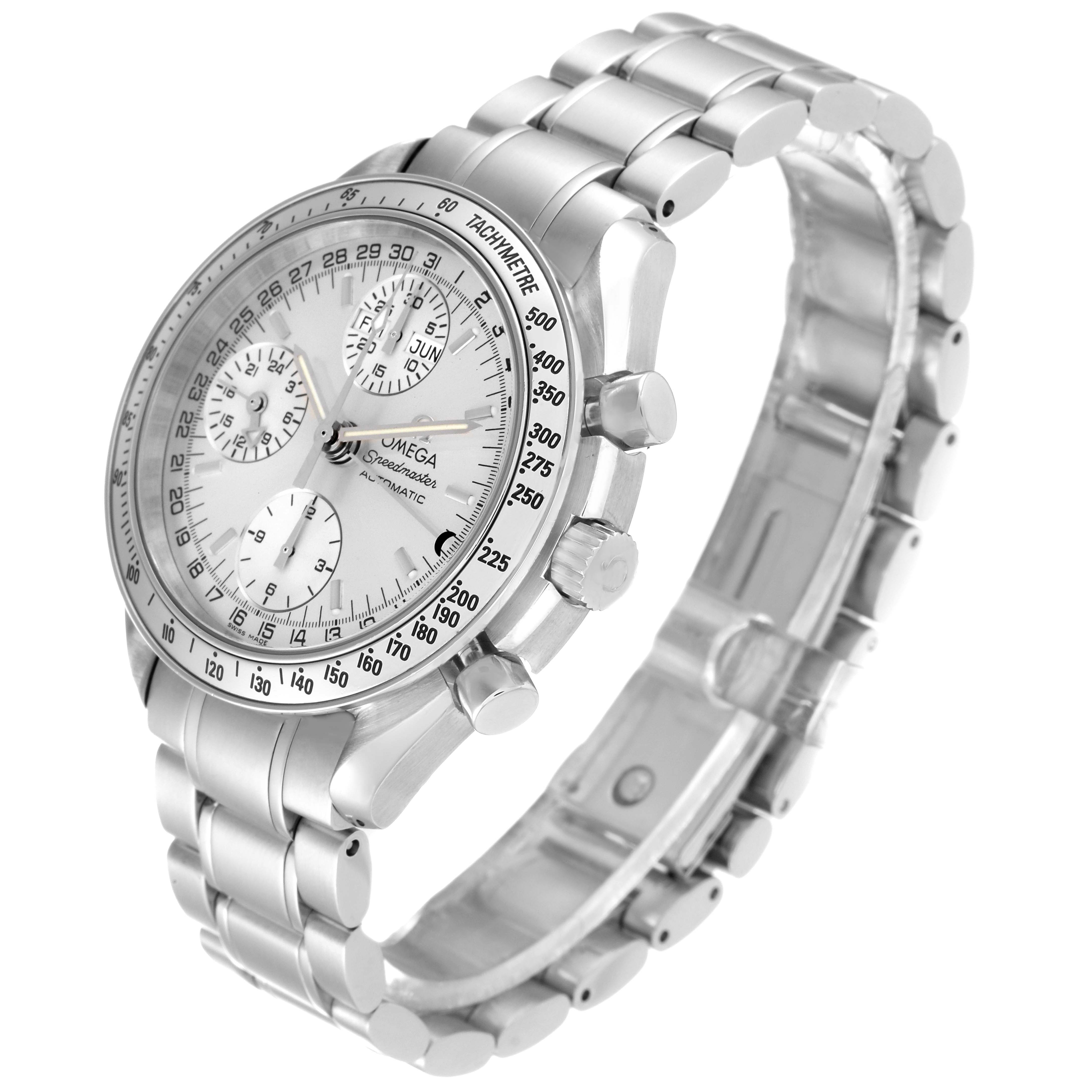 The image shows an angled view of an Omega Speedmaster 3523.30.00 Men
s Stainless Steel Silver Dial 3523.30.00 Men
s Stainless Steel Silver Dial watch, showcasing the face, sub-dials, bezel, and metallic bracelet.