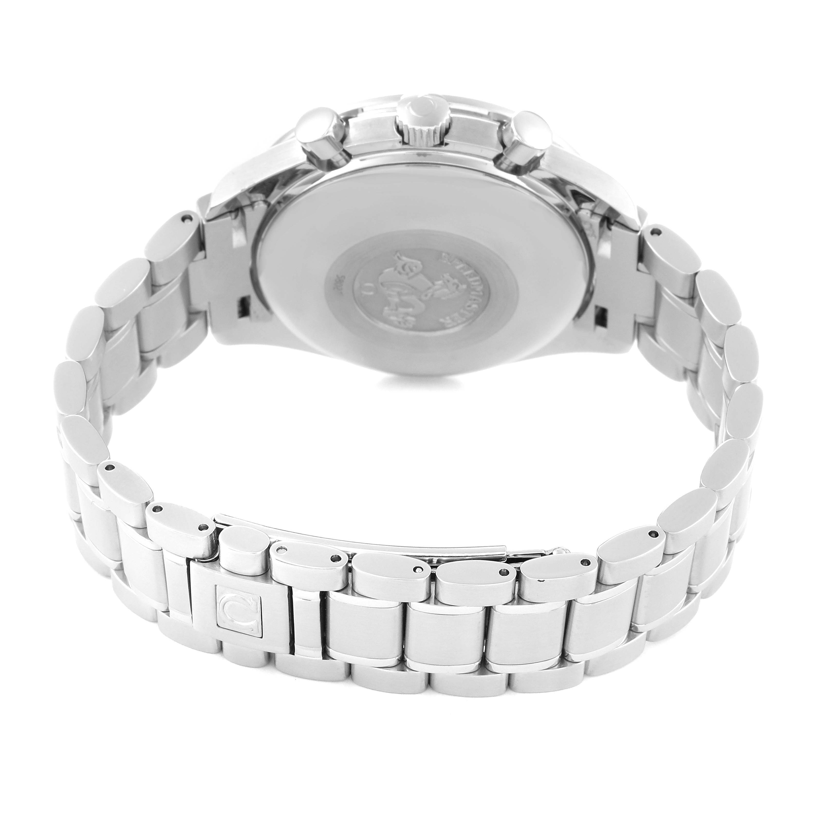 The image shows the back of the Omega Speedmaster 3523.30.00 Men
s Stainless Steel Silver Dial 3523.30.00 Men
s Stainless Steel Silver Dial watch, highlighting the case back and stainless steel bracelet.
