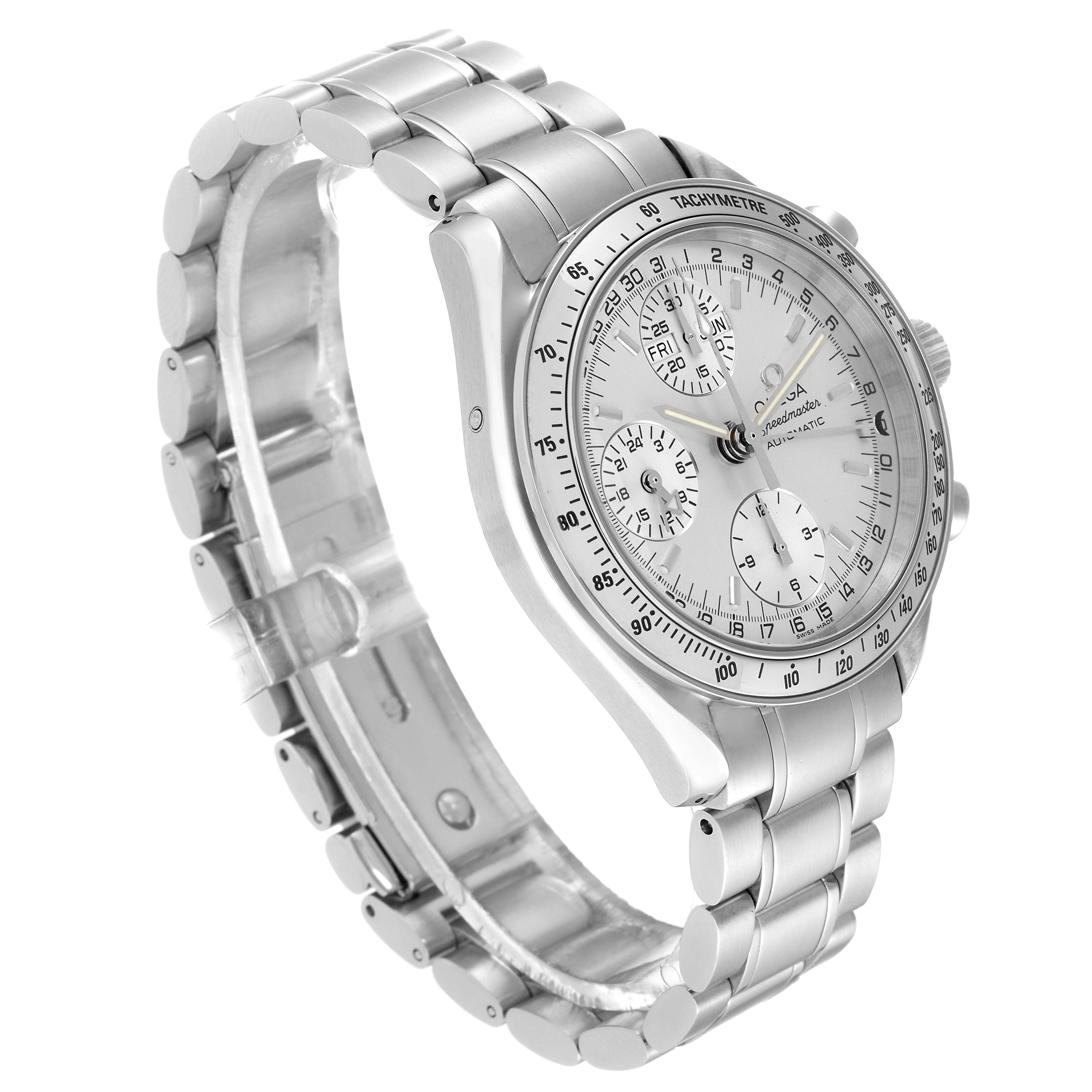 The image shows a side-angle view of an Omega Speedmaster 3523.30.00 Men
s Stainless Steel Silver Dial 3523.30.00 Men
s Stainless Steel Silver Dial watch, highlighting the metal bracelet and detailed chronograph face.