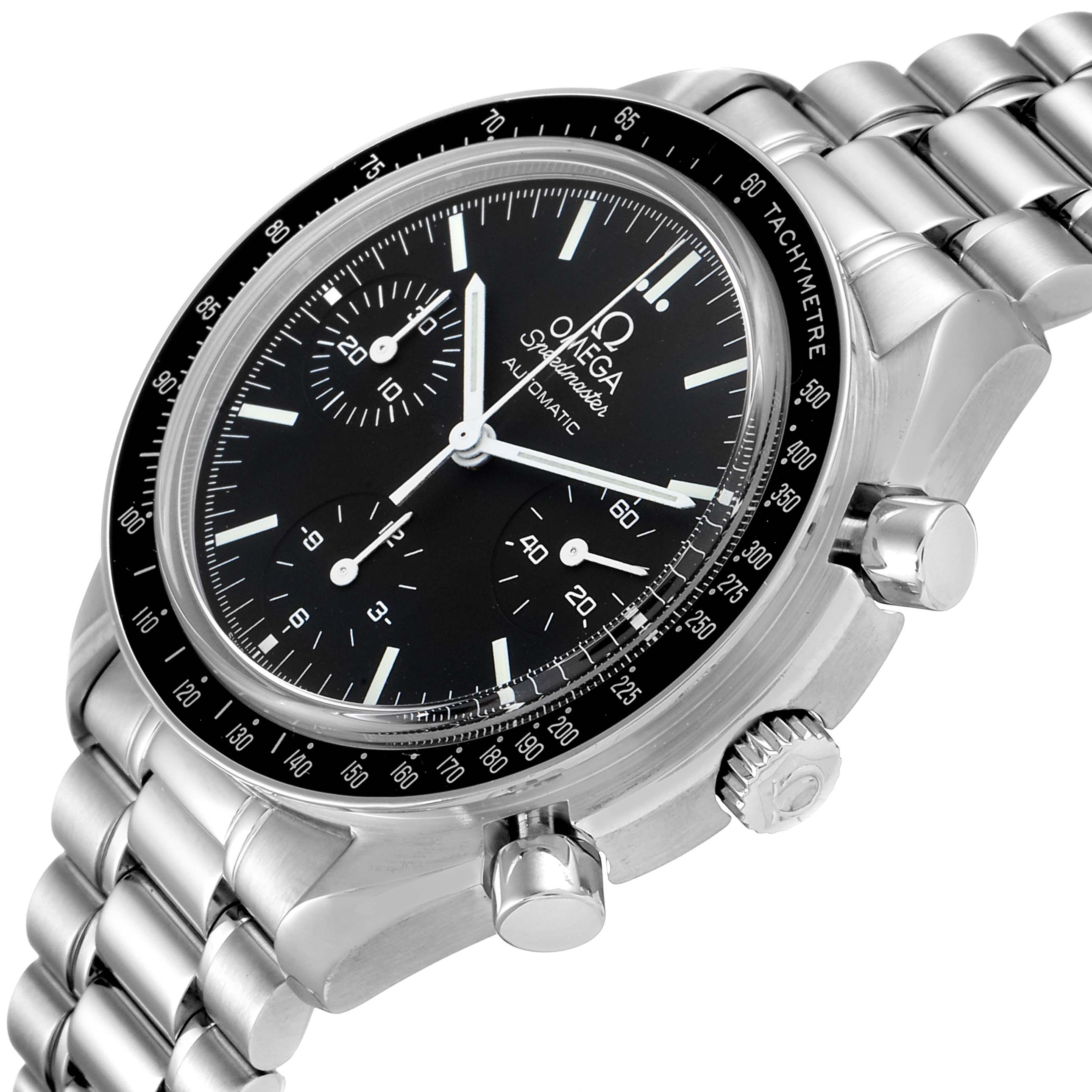 The Omega Speedmaster 3539.50.00 Men
s Stainless Steel Black Dial 3539.50.00 Men
s Stainless Steel Black Dial watch is shown at an angled side view, highlighting its dial, bezel, and stainless steel bracelet.