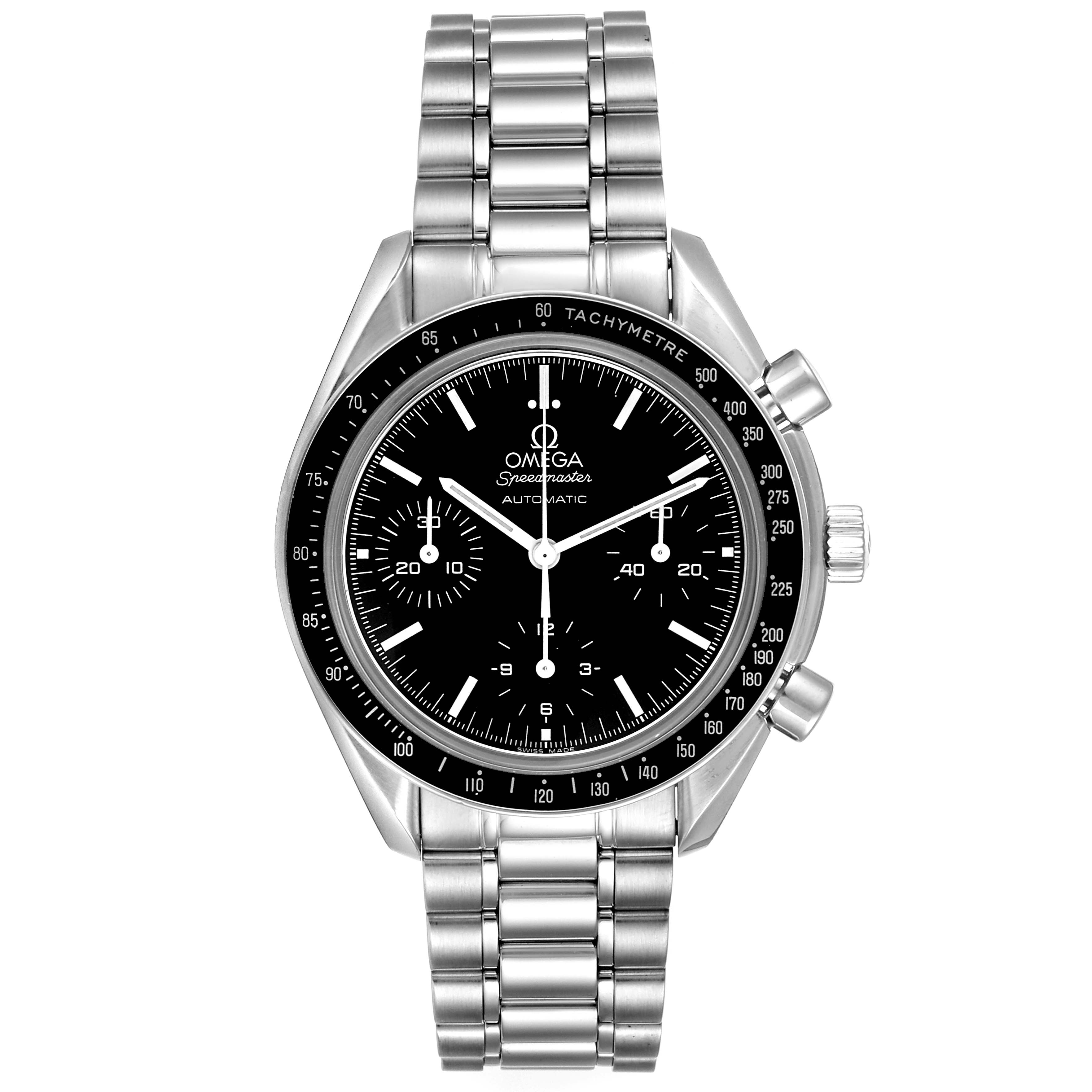 This image shows a front view of an Omega Speedmaster 3539.50.00 Men
s Stainless Steel Black Dial 3539.50.00 Men
s Stainless Steel Black Dial watch, highlighting the dial, bezel, and stainless steel bracelet.