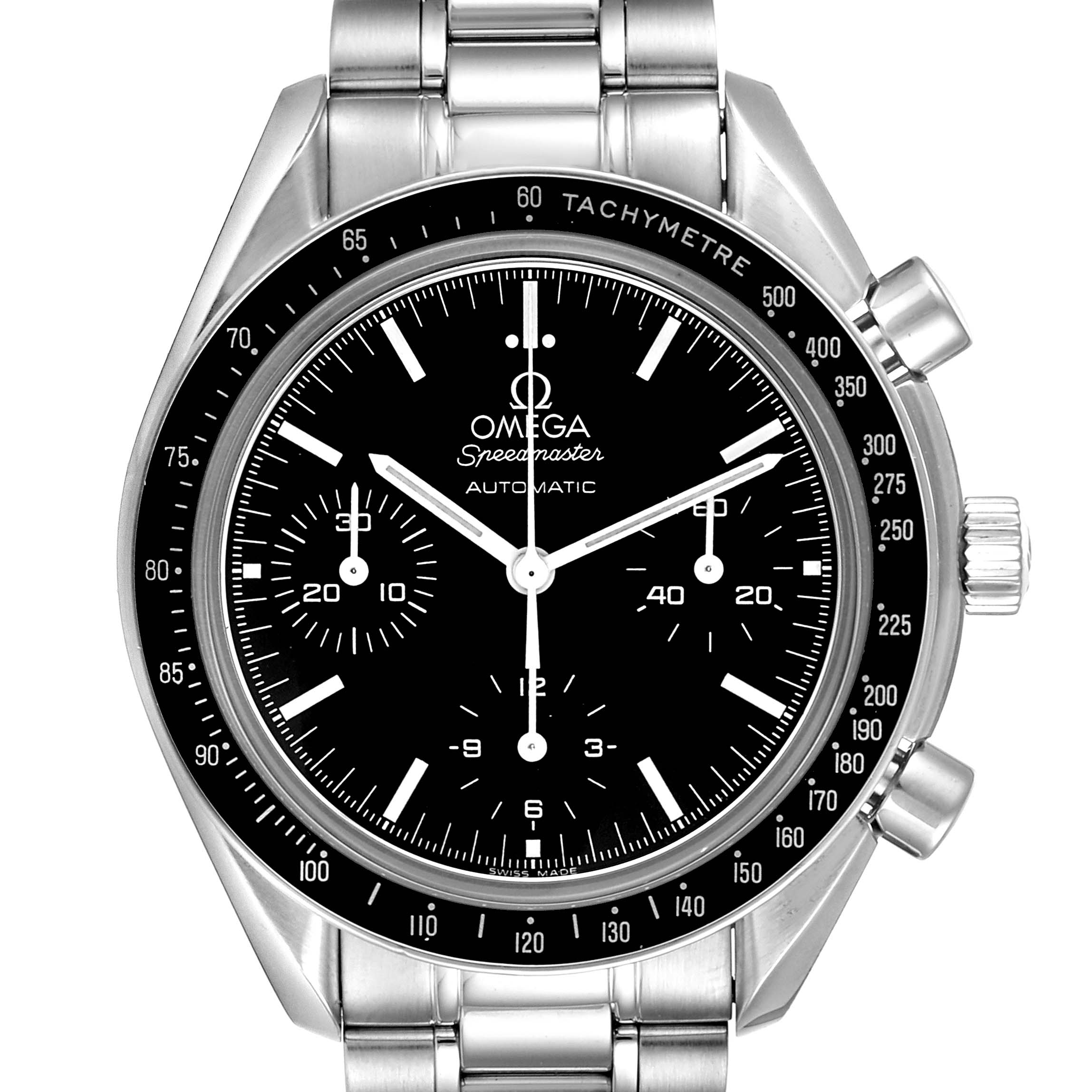 This is a frontal view of the Omega Speedmaster 3539.50.00 Men
s Stainless Steel Black Dial 3539.50.00 Men
s Stainless Steel Black Dial watch, showing the dial, bezel, pushers, and bracelet.