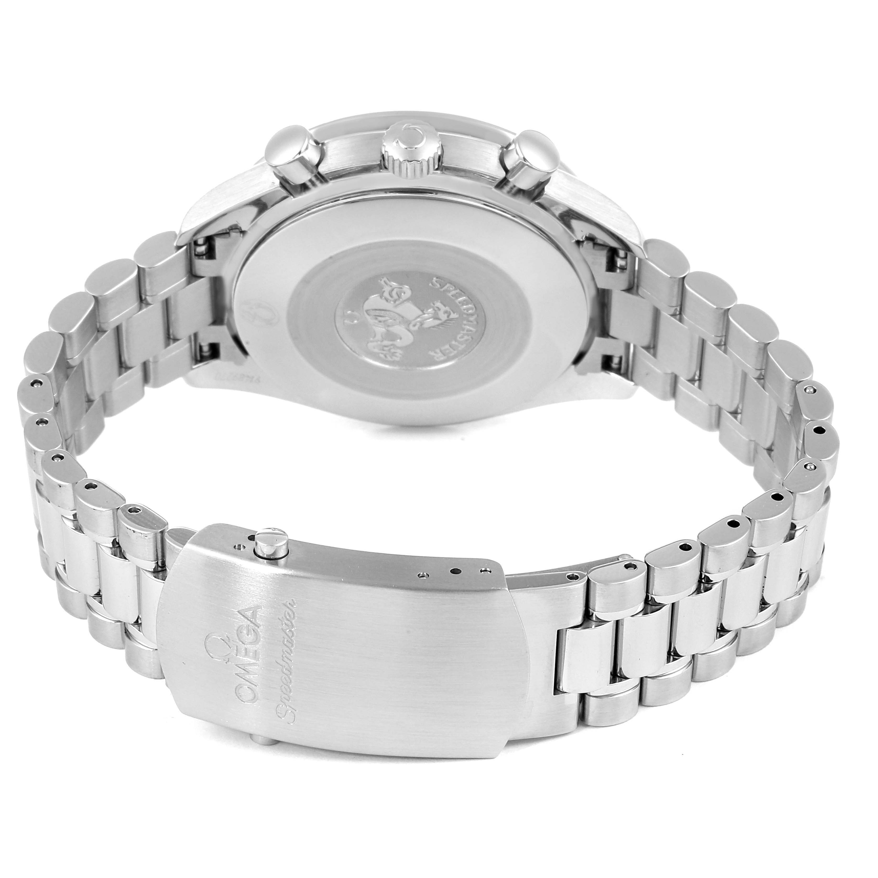 This image shows the back and clasp of a stainless steel Omega Speedmaster 3539.50.00 Men
s Stainless Steel Black Dial 3539.50.00 Men
s Stainless Steel Black Dial watch, including the bracelet and case back.