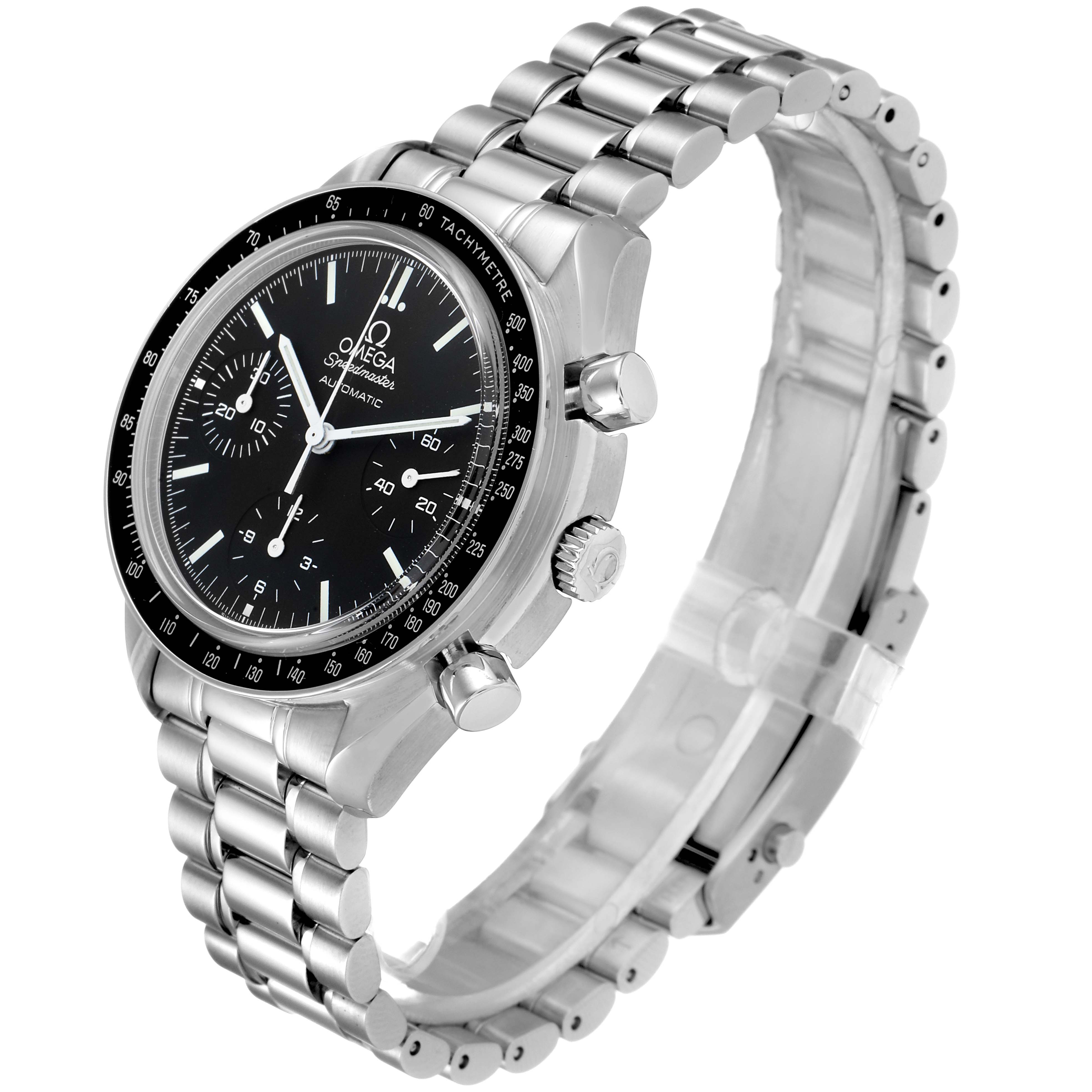 The image shows an Omega Speedmaster 3539.50.00 Men
s Stainless Steel Black Dial 3539.50.00 Men
s Stainless Steel Black Dial watch at a three-quarter angle, displaying the face, bezel, crown, pushers, and bracelet.
