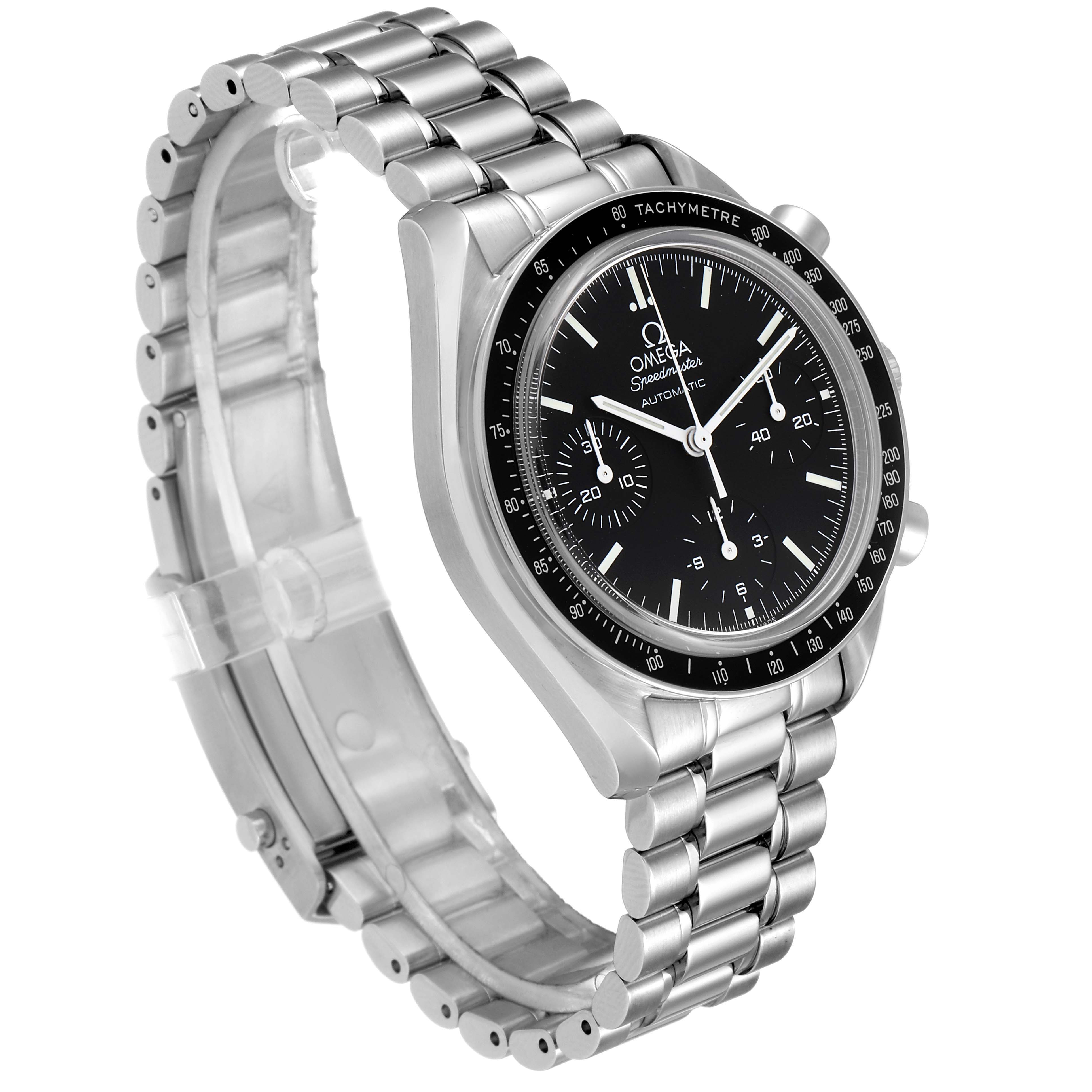The image shows a side angle view of the Omega Speedmaster 3539.50.00 Men
s Stainless Steel Black Dial 3539.50.00 Men
s Stainless Steel Black Dial watch, displaying the bracelet, bezel, and dial.