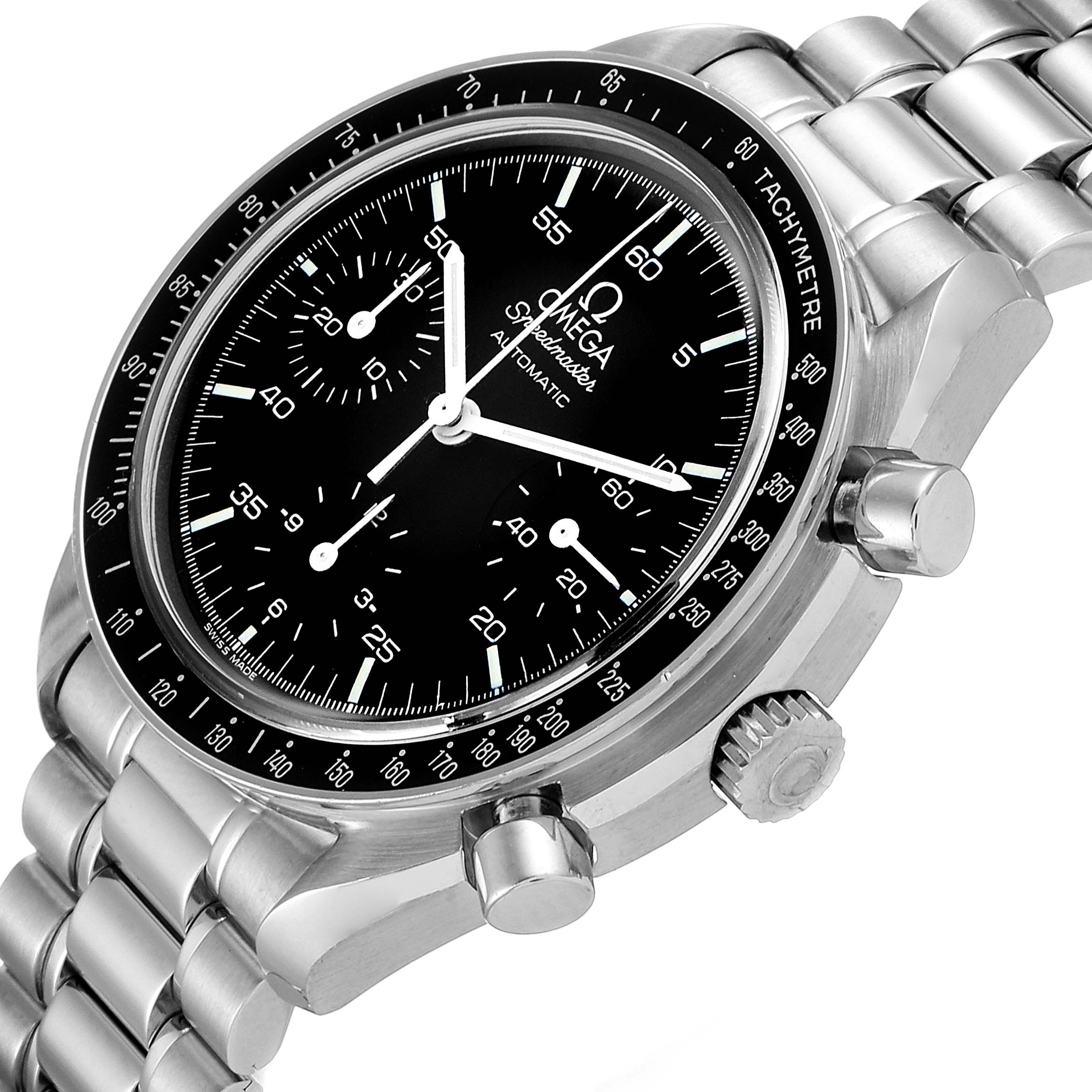 The image shows an angled view of an Omega Speedmaster 3510.50.00 Men
s Stainless Steel Black Dial 3510.50.00 Men
s Stainless Steel Black Dial watch, highlighting its stainless steel bracelet, black dial, and tachymeter bezel.