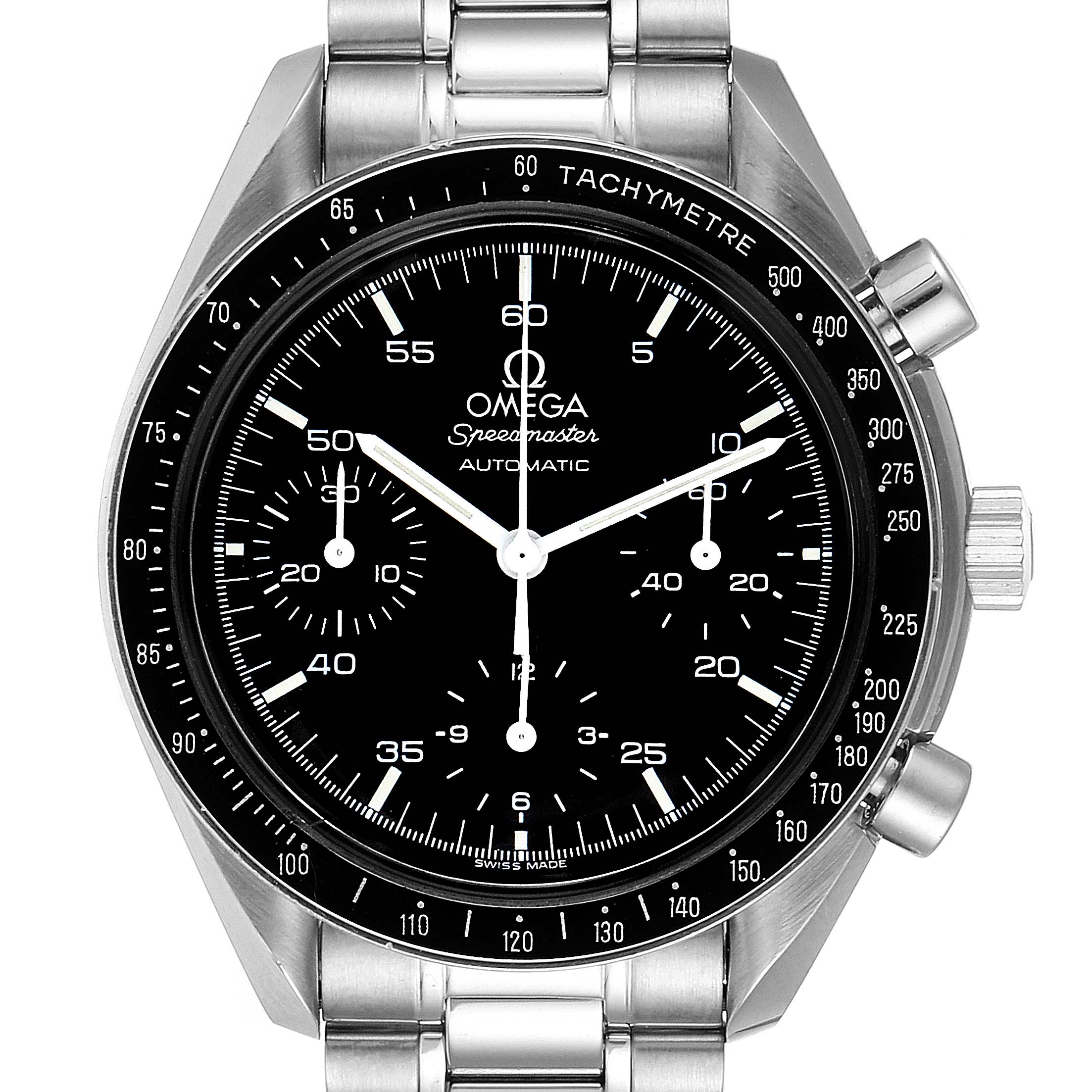 This is a frontal view of an Omega Speedmaster 3510.50.00 Men
s Stainless Steel Black Dial 3510.50.00 Men
s Stainless Steel Black Dial watch, showing the dial, bezel, and pushers.