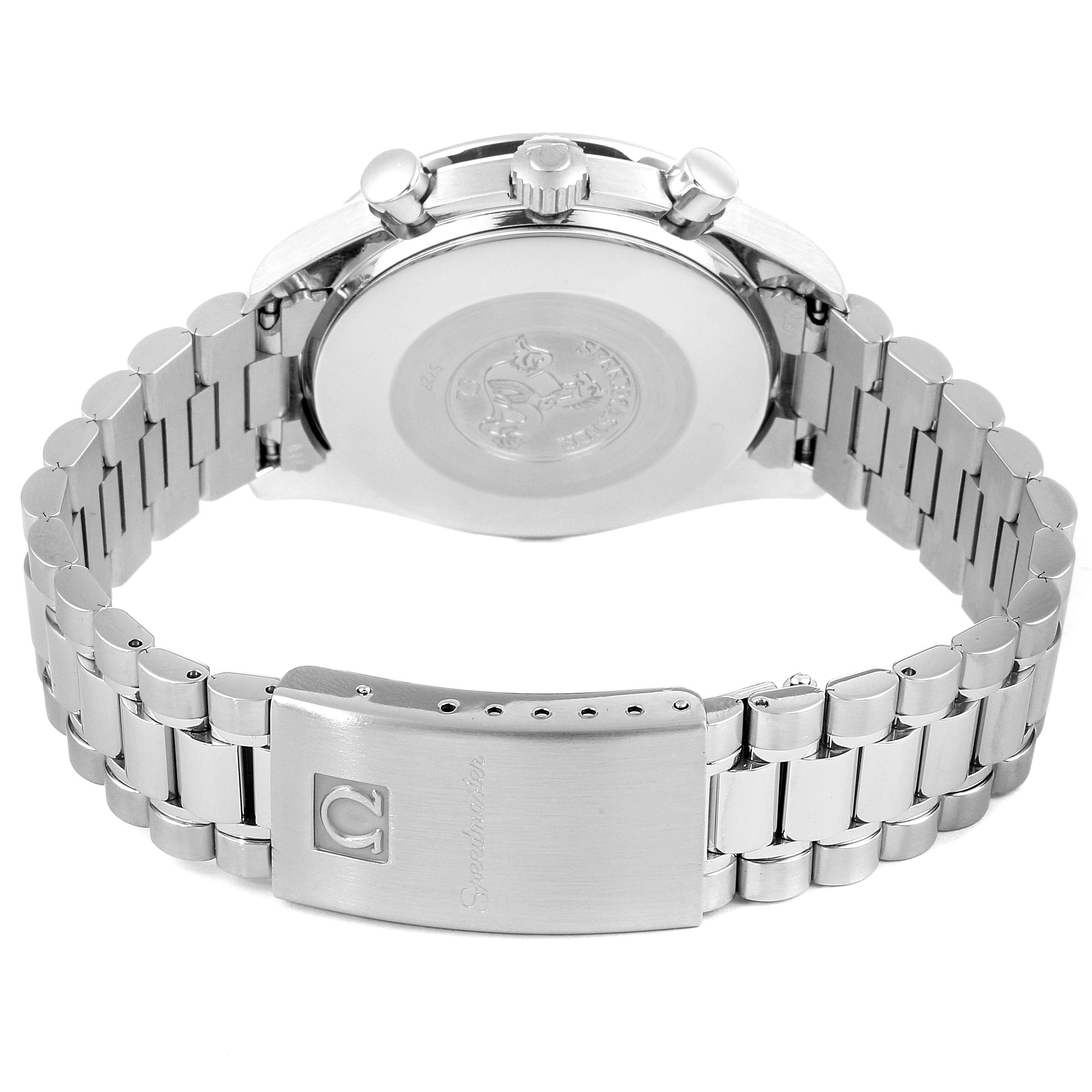 The image shows the back case and clasp of an Omega Speedmaster 3510.50.00 Men
s Stainless Steel Black Dial 3510.50.00 Men
s Stainless Steel Black Dial watch from an angle focusing on the stainless steel bracelet.