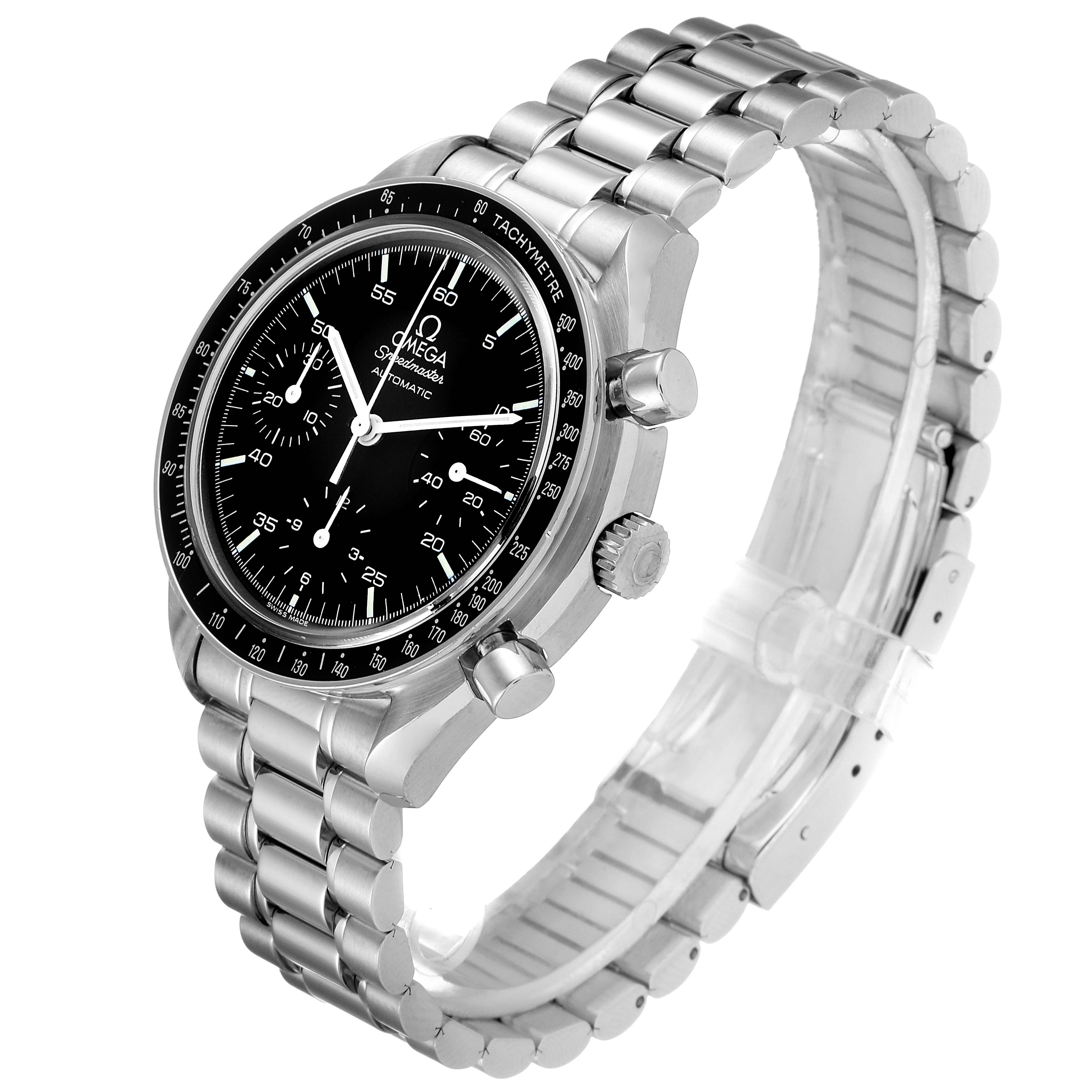 The image shows an Omega Speedmaster 3510.50.00 Men
s Stainless Steel Black Dial 3510.50.00 Men
s Stainless Steel Black Dial watch angled to display its face, bezel, chronograph pushers, and steel bracelet.