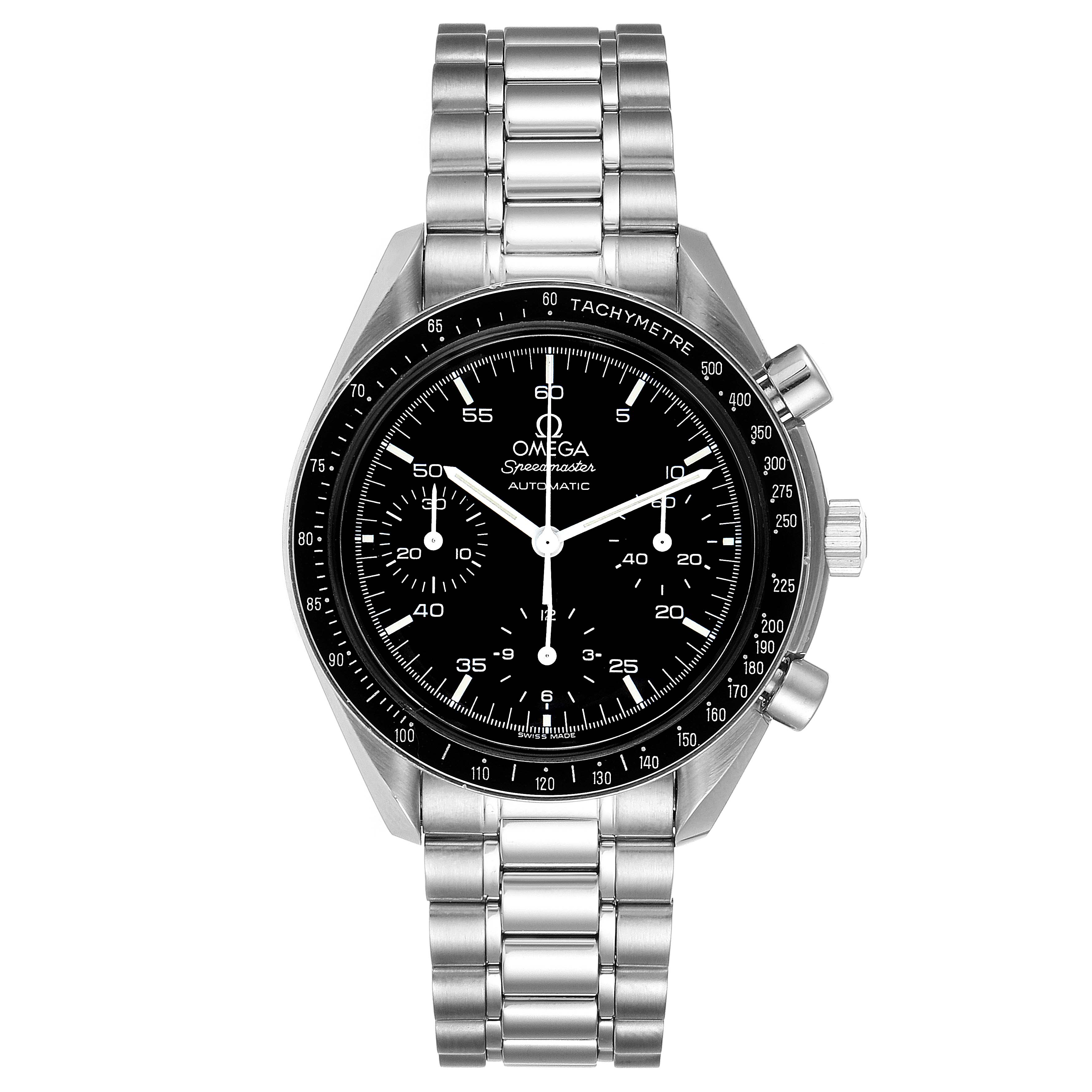 The image shows a frontal view of an Omega Speedmaster 3510.50.00 Men
s Stainless Steel Black Dial 3510.50.00 Men
s Stainless Steel Black Dial watch, highlighting its black dial, tachymeter bezel, and stainless steel bracelet.