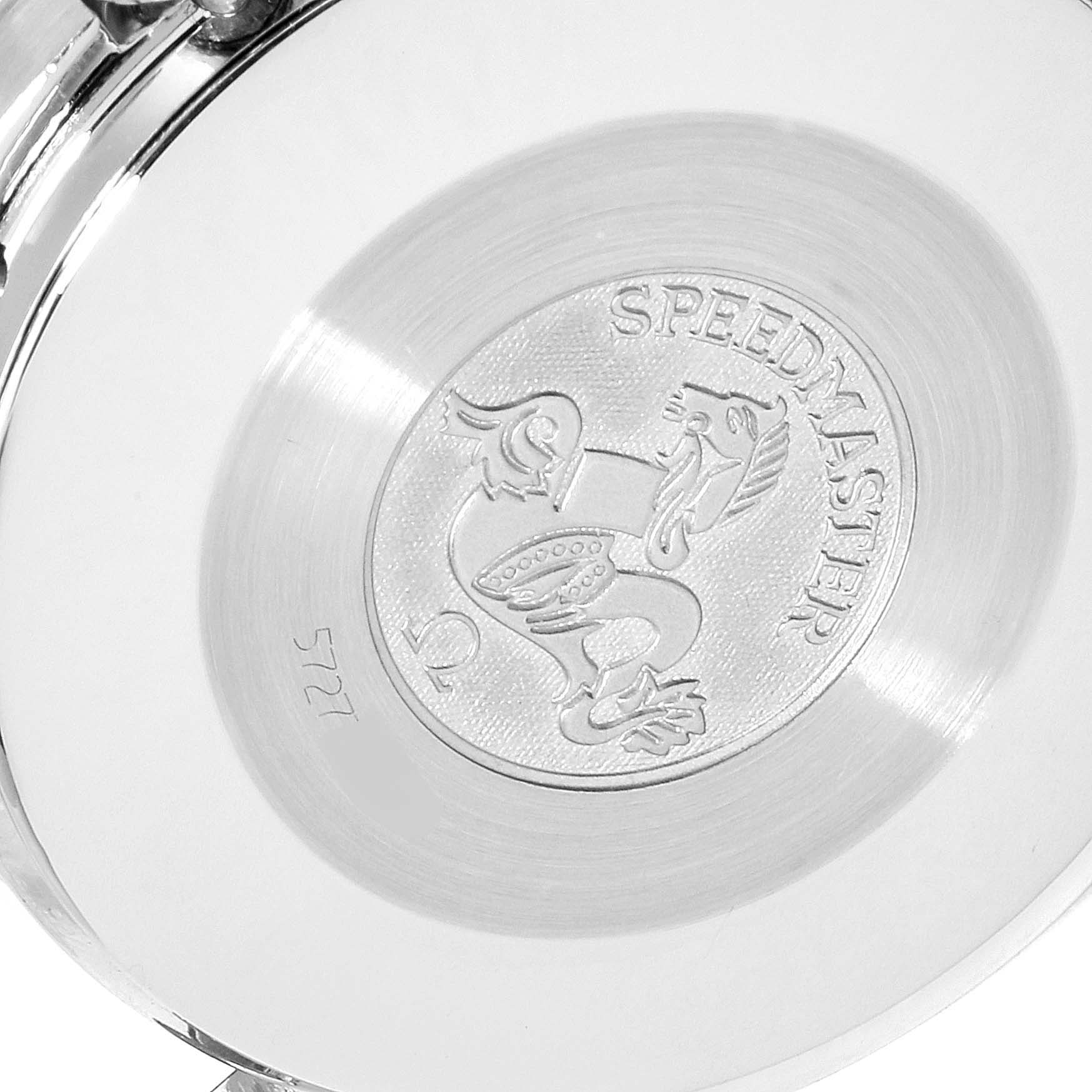 This image shows the case back of an Omega Speedmaster 3510.50.00 Men
s Stainless Steel Black Dial 3510.50.00 Men
s Stainless Steel Black Dial watch, featuring the Speedmaster logo and branding.