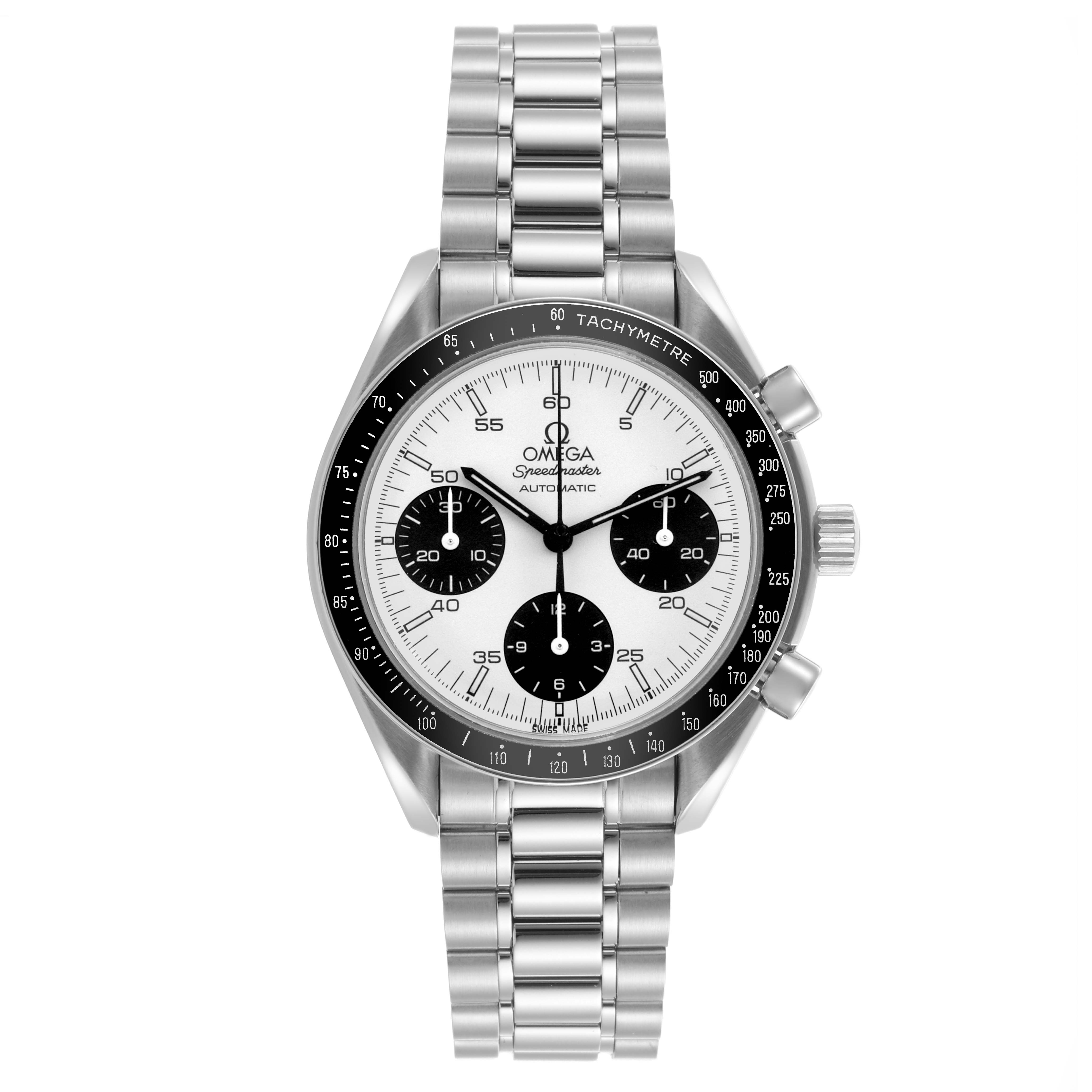 The Omega Speedmaster 3510.21.00 Men
s Stainless Steel White Dial 3510.21.00 Men
s Stainless Steel White Dial watch is shown from the front, displaying the dial, bezel, and stainless steel bracelet.