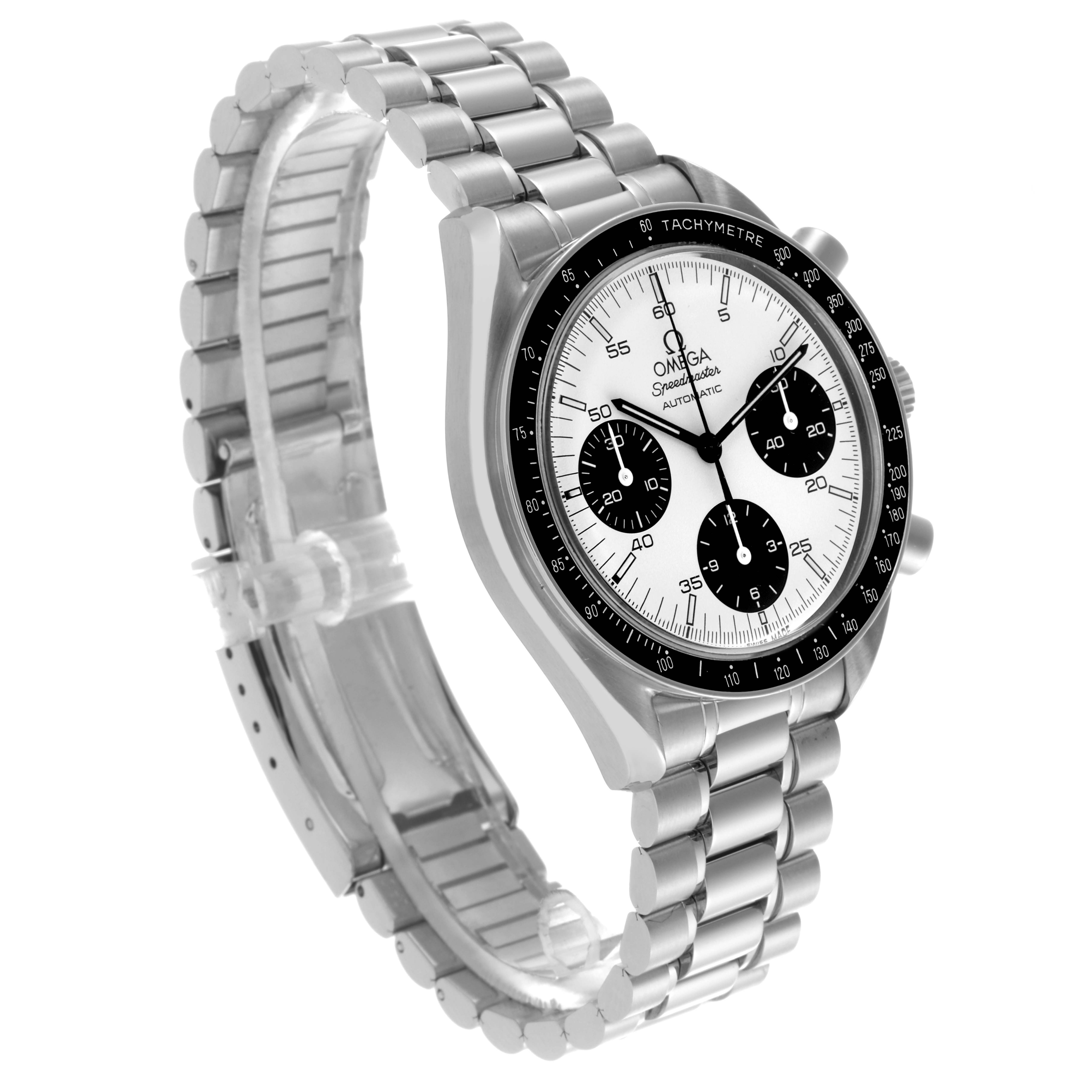 The Omega Speedmaster 3510.21.00 Men
s Stainless Steel White Dial 3510.21.00 Men
s Stainless Steel White Dial watch is angled to show the face, bezel, and bracelet, highlighting its tachymeter and subdials.