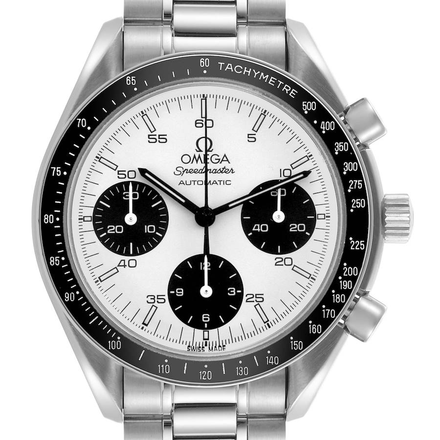 The Omega Speedmaster watch is shown from the front, highlighting the dial, subdials, bezel, and part of the bracelet.