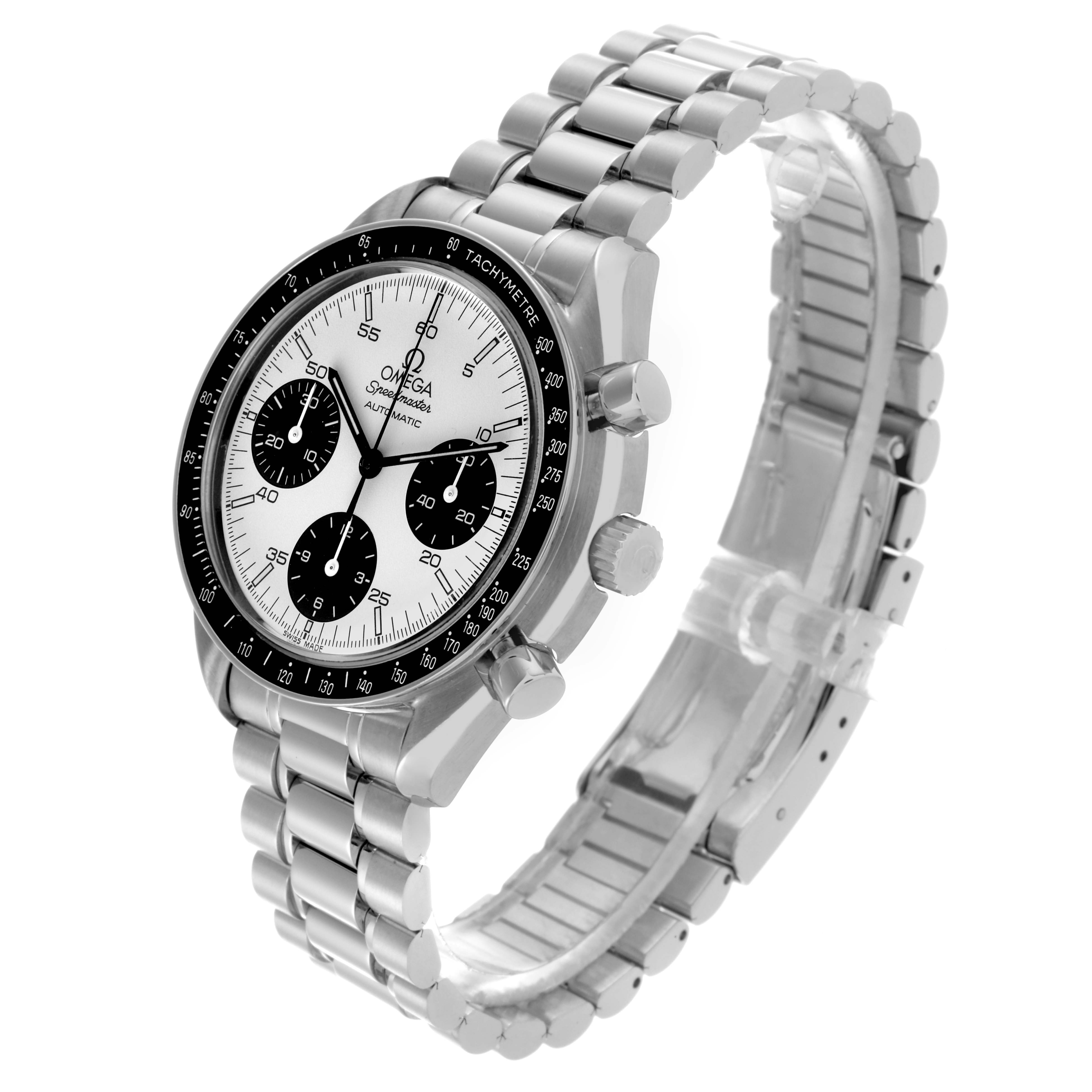 The Omega Speedmaster 3510.21.00 Men
s Stainless Steel White Dial 3510.21.00 Men
s Stainless Steel White Dial watch is shown at a three-quarter angle, highlighting the dial, crown, pushers, and bracelet.