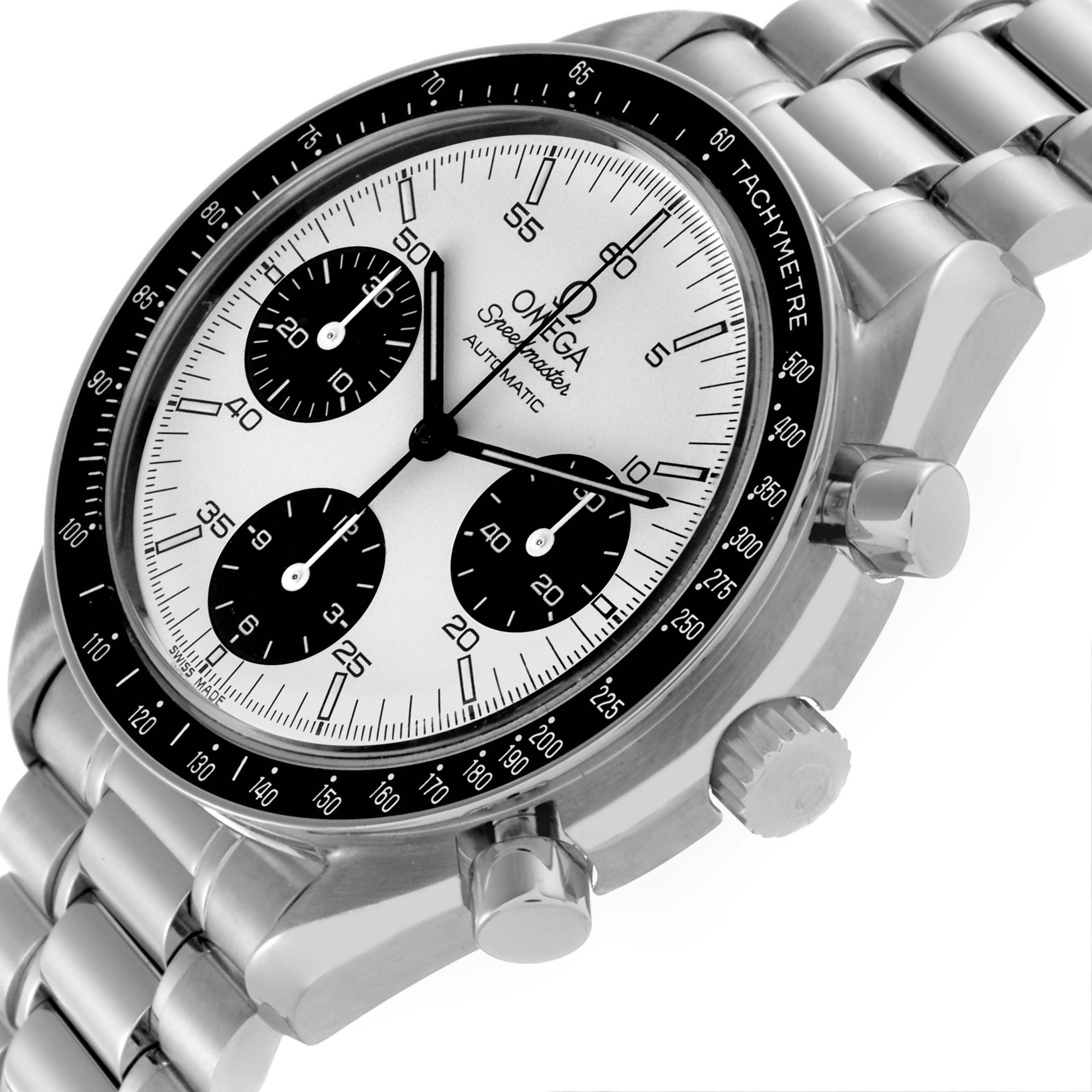 The Omega Speedmaster 3510.21.00 Men
s Stainless Steel White Dial 3510.21.00 Men
s Stainless Steel White Dial is shown at an angled view, highlighting its case, tachymeter bezel, and bracelet.
