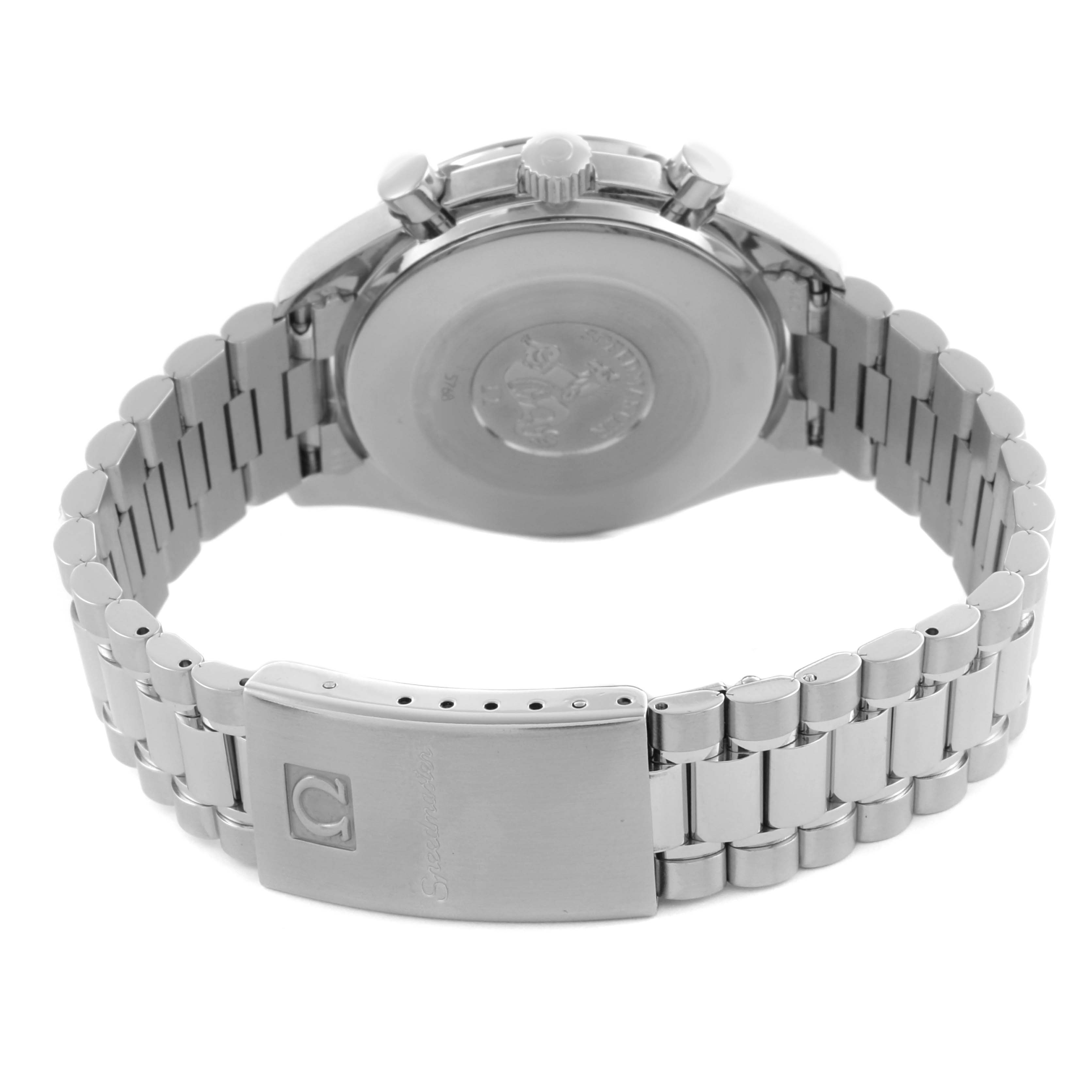 The Omega Speedmaster 3510.21.00 Men
s Stainless Steel White Dial 3510.21.00 Men
s Stainless Steel White Dial watch is shown from the rear, highlighting the bracelet and clasp.