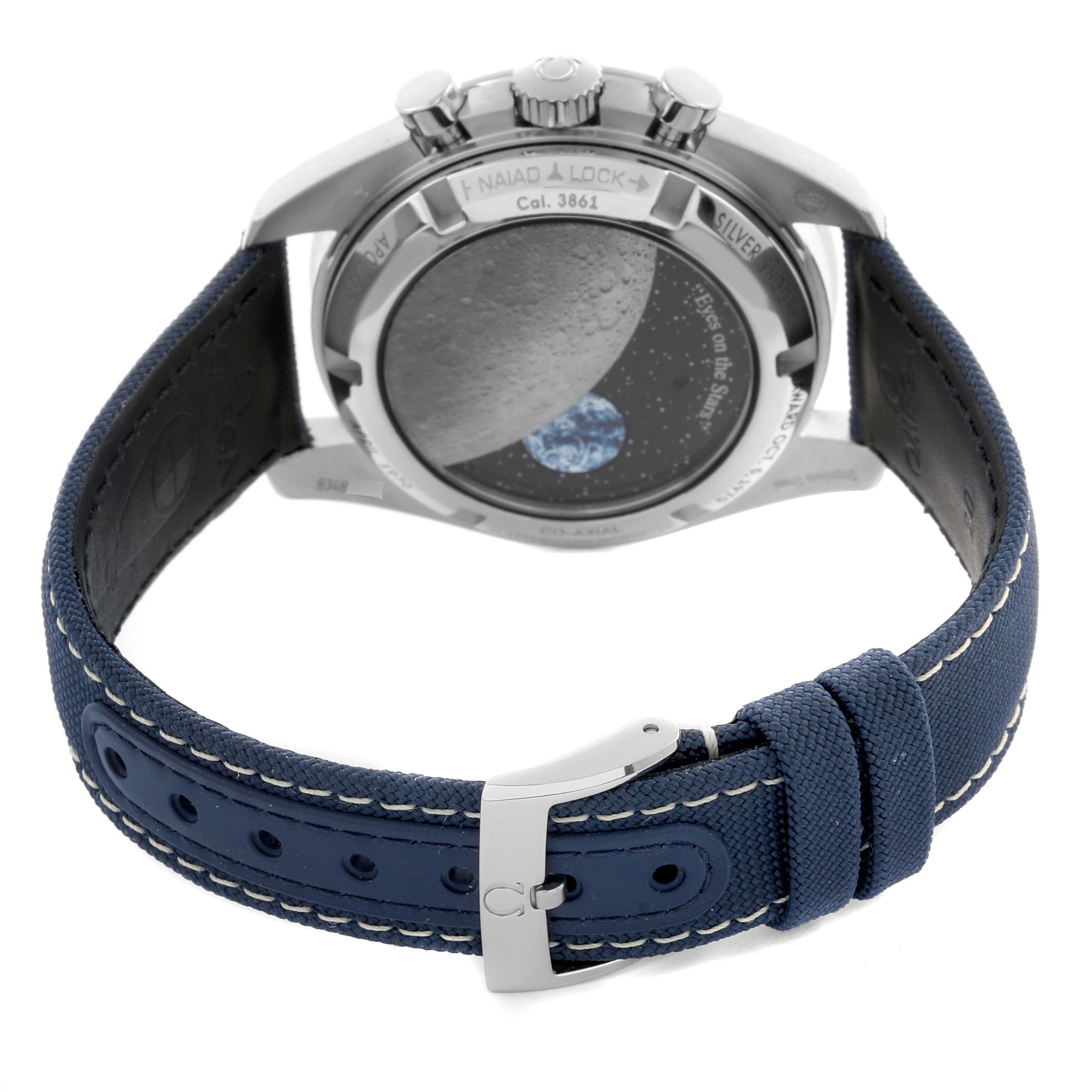 The image shows the back of the Omega Speedmaster 310.32.42.50.02.001 Men's Stainless Steel Silver Dial 310.32.42.50.02.001 Men's Stainless Steel Silver Dial watch, highlighting its case back and blue strap with a buckle.