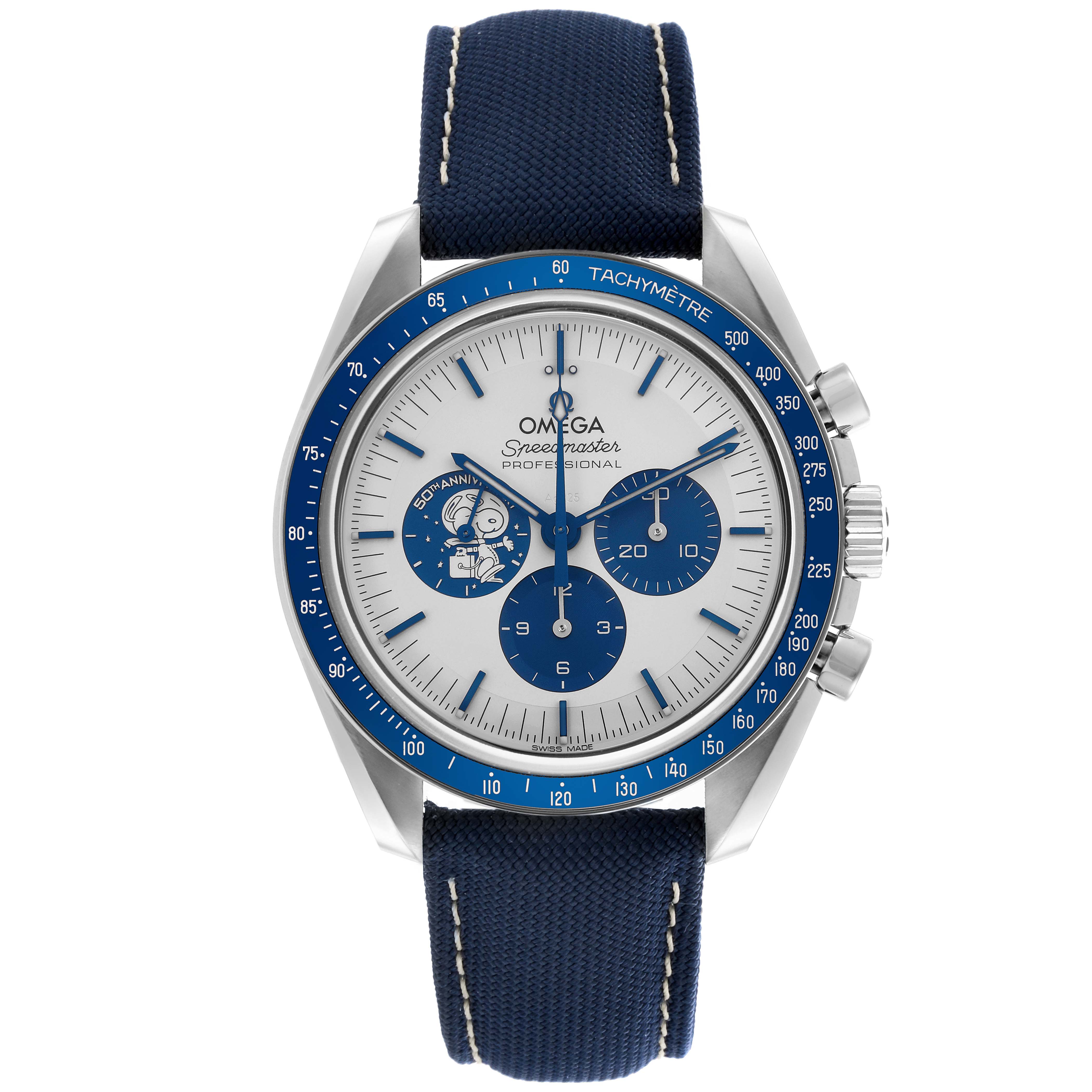 The Omega Speedmaster 310.32.42.50.02.001 Men's Stainless Steel Silver Dial 310.32.42.50.02.001 Men's Stainless Steel Silver Dial is shown from the front, displaying its dial, sub-dials, tachymeter bezel, and blue strap.