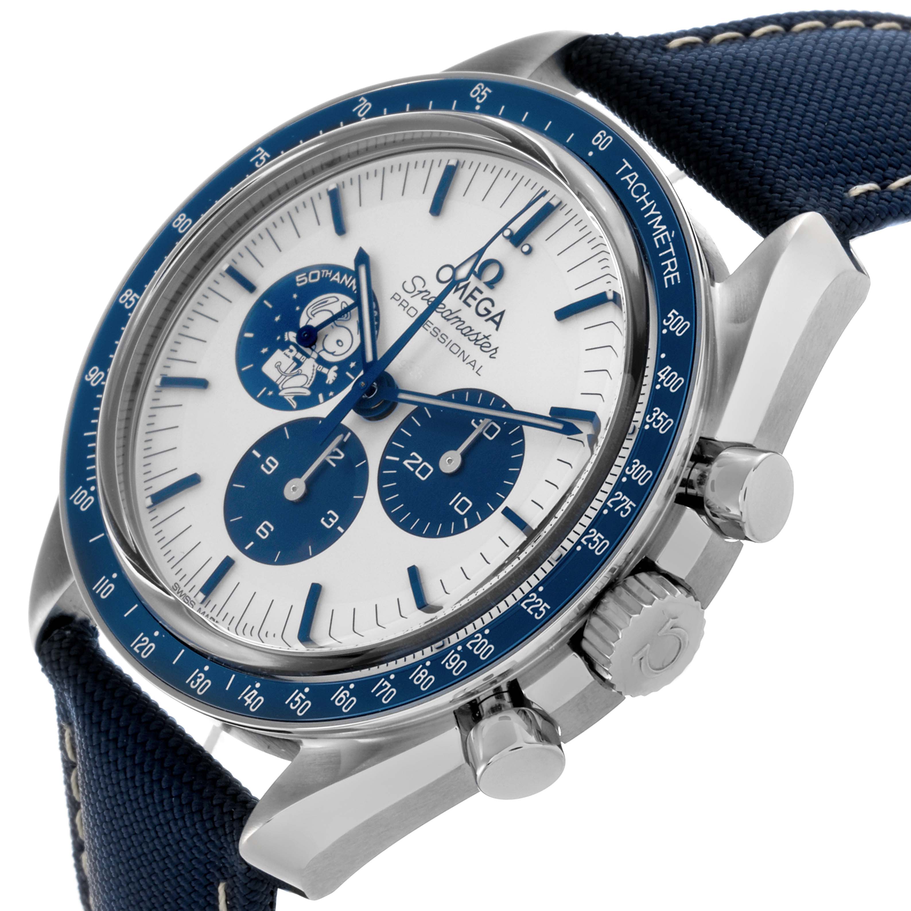 The Omega Speedmaster 310.32.42.50.02.001 Men's Stainless Steel Silver Dial 310.32.42.50.02.001 Men's Stainless Steel Silver Dial is shown at a slight side angle, highlighting the case, bezel, dial, subdials, and crown with pushers.