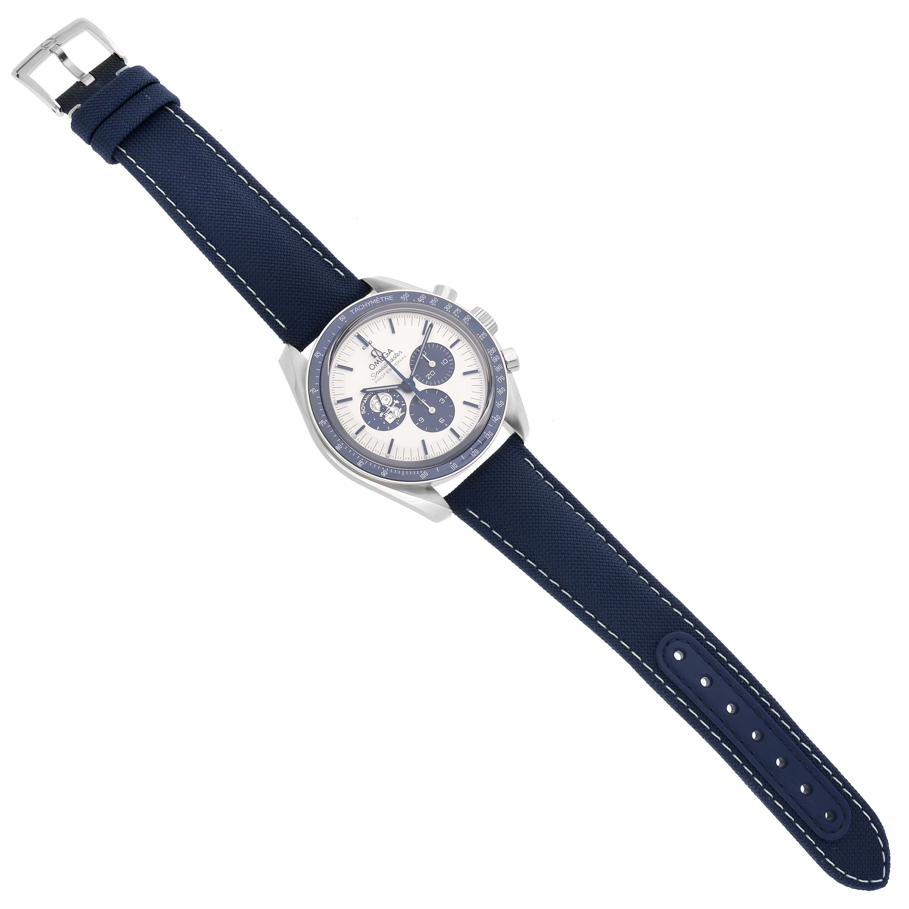 The Omega Speedmaster 310.32.42.50.02.001 Men's Stainless Steel Silver Dial 310.32.42.50.02.001 Men's Stainless Steel Silver Dial watch is shown from a top-down angle, displaying its blue strap and dial.