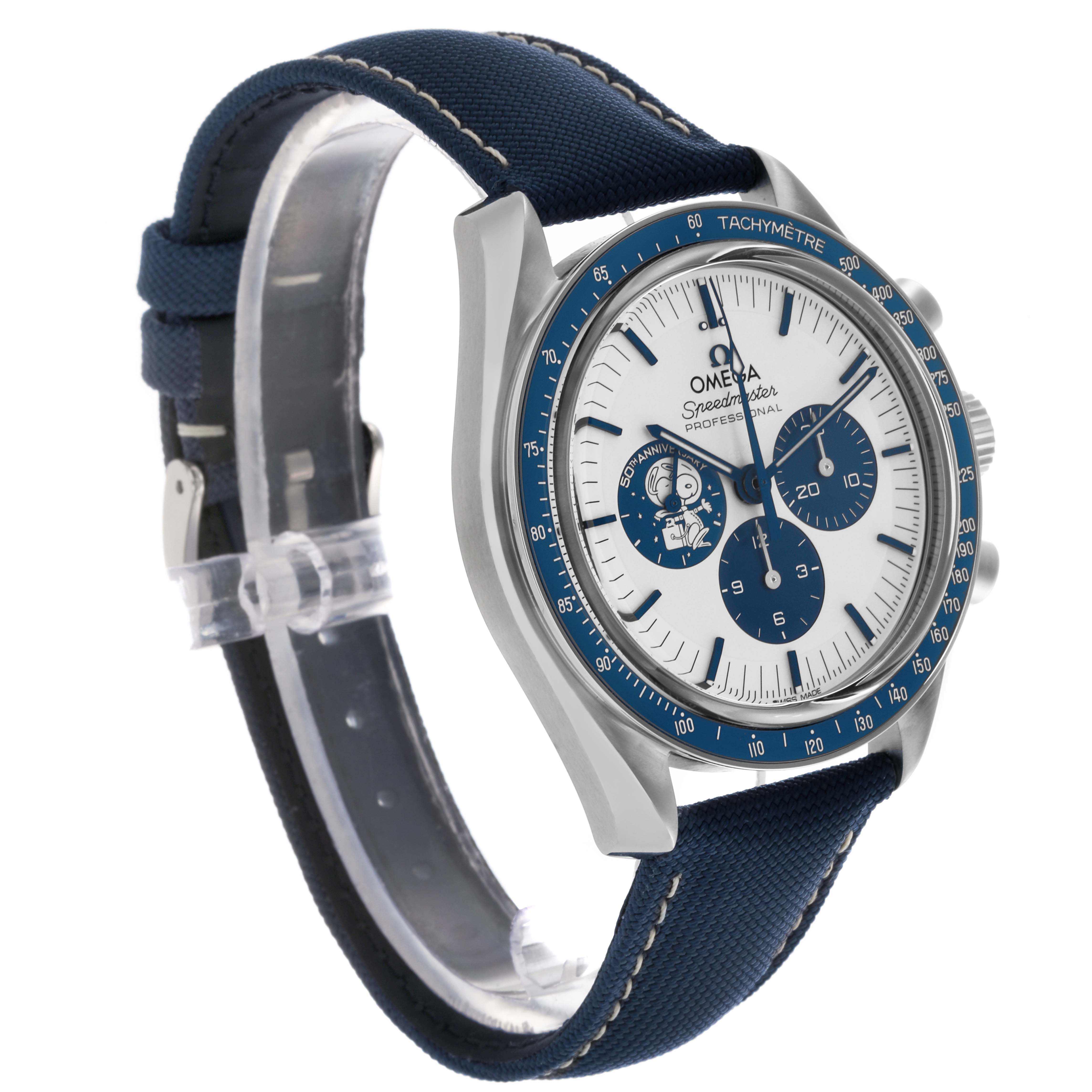 The Omega Speedmaster 310.32.42.50.02.001 Men's Stainless Steel Silver Dial 310.32.42.50.02.001 Men's Stainless Steel Silver Dial watch is shown at a three-quarter angle, highlighting the face, bezel, and strap.