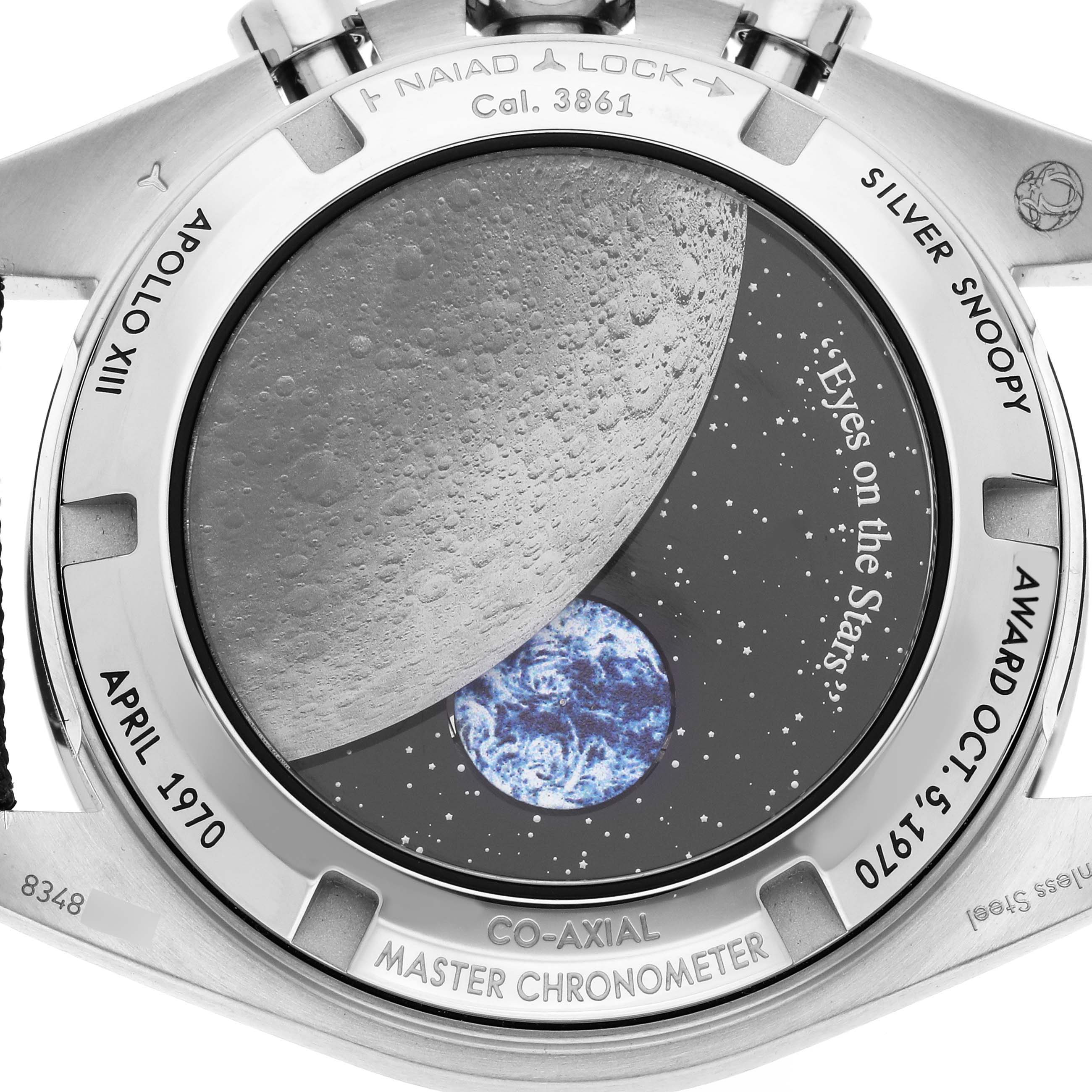 The image shows the case back of an Omega Speedmaster 310.32.42.50.02.001 Men's Stainless Steel Silver Dial 310.32.42.50.02.001 Men's Stainless Steel Silver Dial watch, featuring a lunar surface and Earth design.