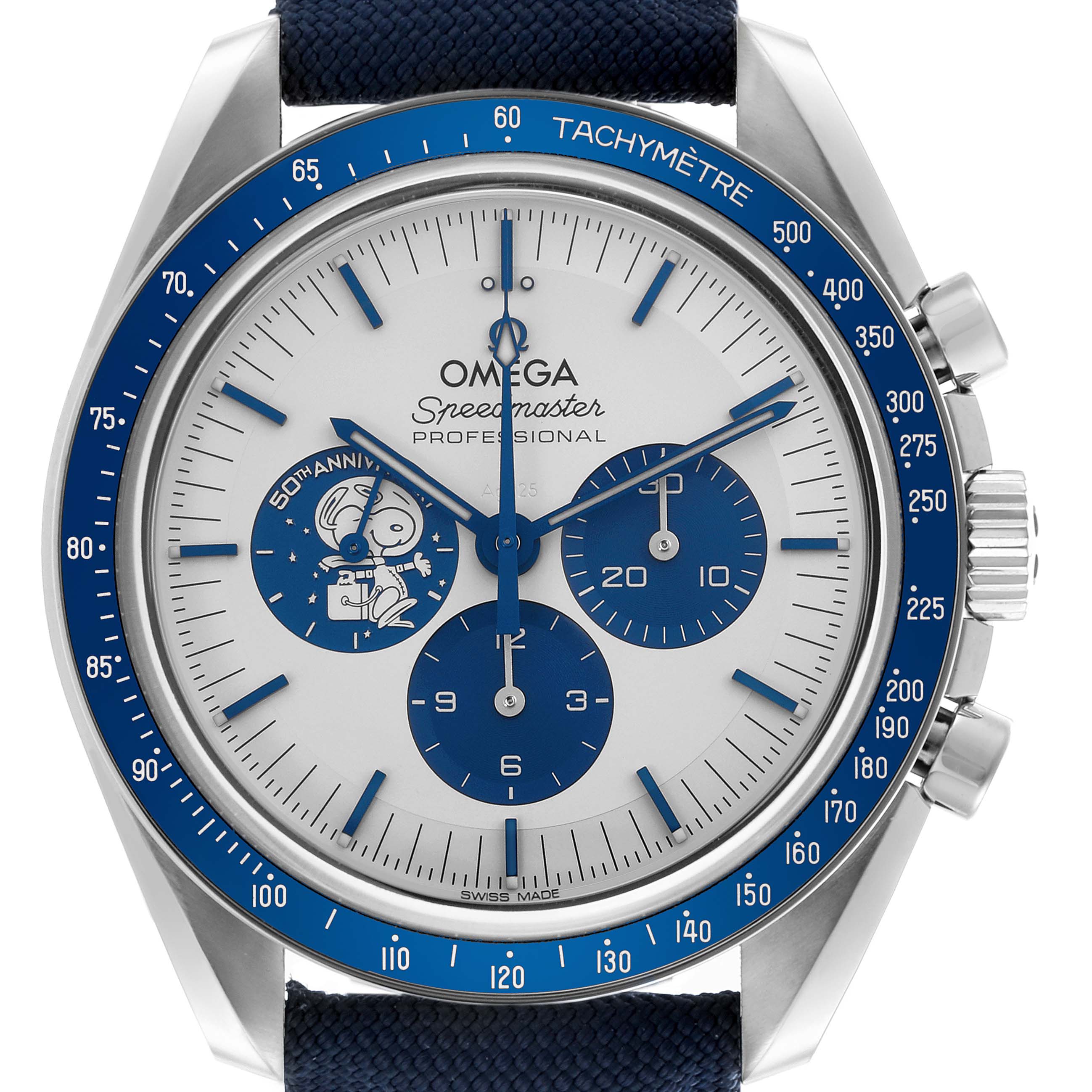 The Omega Speedmaster 310.32.42.50.02.001 Men's Stainless Steel Silver Dial 310.32.42.50.02.001 Men's Stainless Steel Silver Dial watch is shown from the front, displaying its face, bezel, sub-dials, and crown.