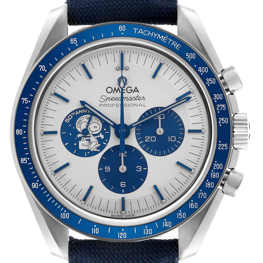 The Omega Speedmaster watch is shown from the front, displaying its face, bezel, sub-dials, and crown.