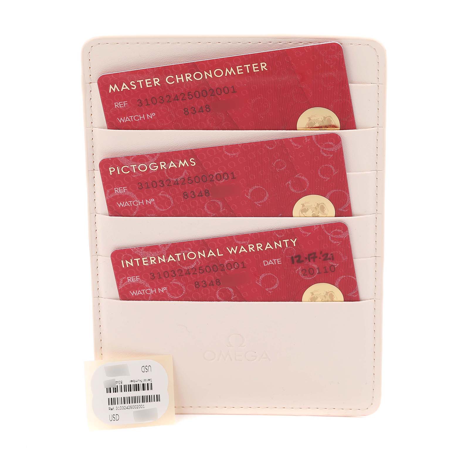 The image shows warranty and certification cards for an Omega Speedmaster 310.32.42.50.02.001 Men's Stainless Steel Silver Dial 310.32.42.50.02.001 Men's Stainless Steel Silver Dial, displayed in a cardholder.