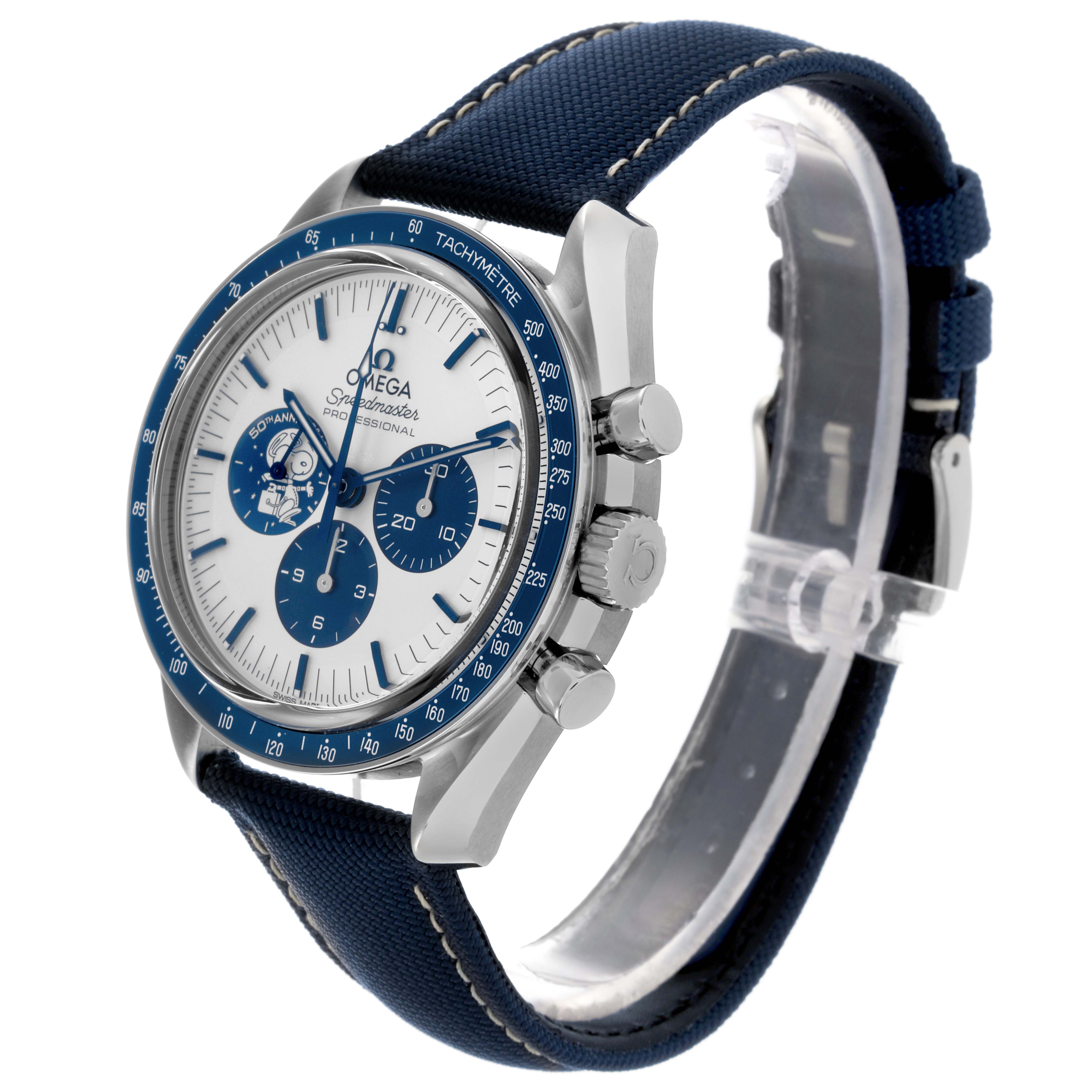 The Omega Speedmaster 310.32.42.50.02.001 Men's Stainless Steel Silver Dial 310.32.42.50.02.001 Men's Stainless Steel Silver Dial watch is shown from an angled side view, displaying the bezel, crown, pushers, and strap.