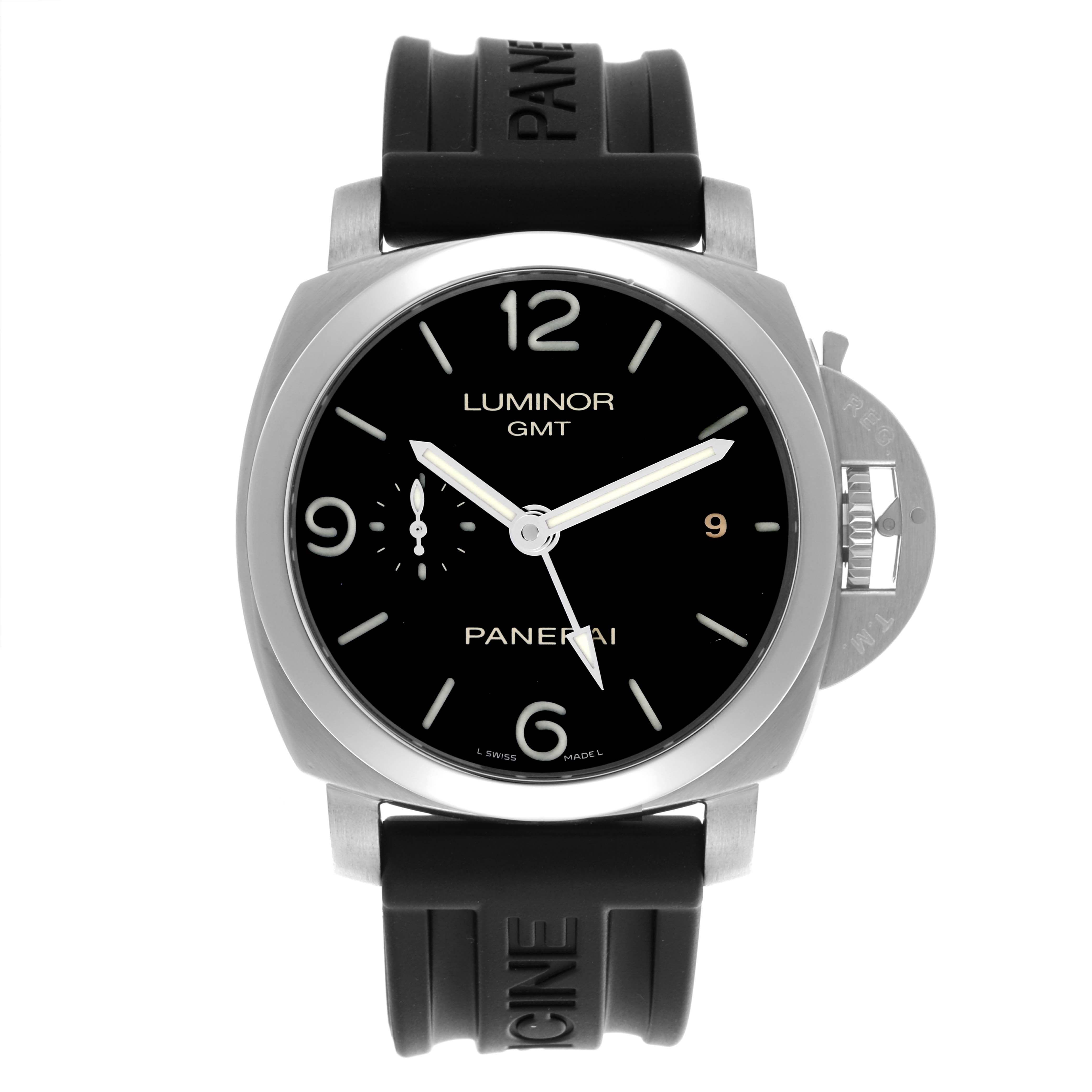 The Panerai Luminor PAM00320 Men's Stainless Steel Black Dial PAM00320 Men's Stainless Steel Black Dial watch is shown from a front angle, displaying the dial, hands, case, and crown guard.