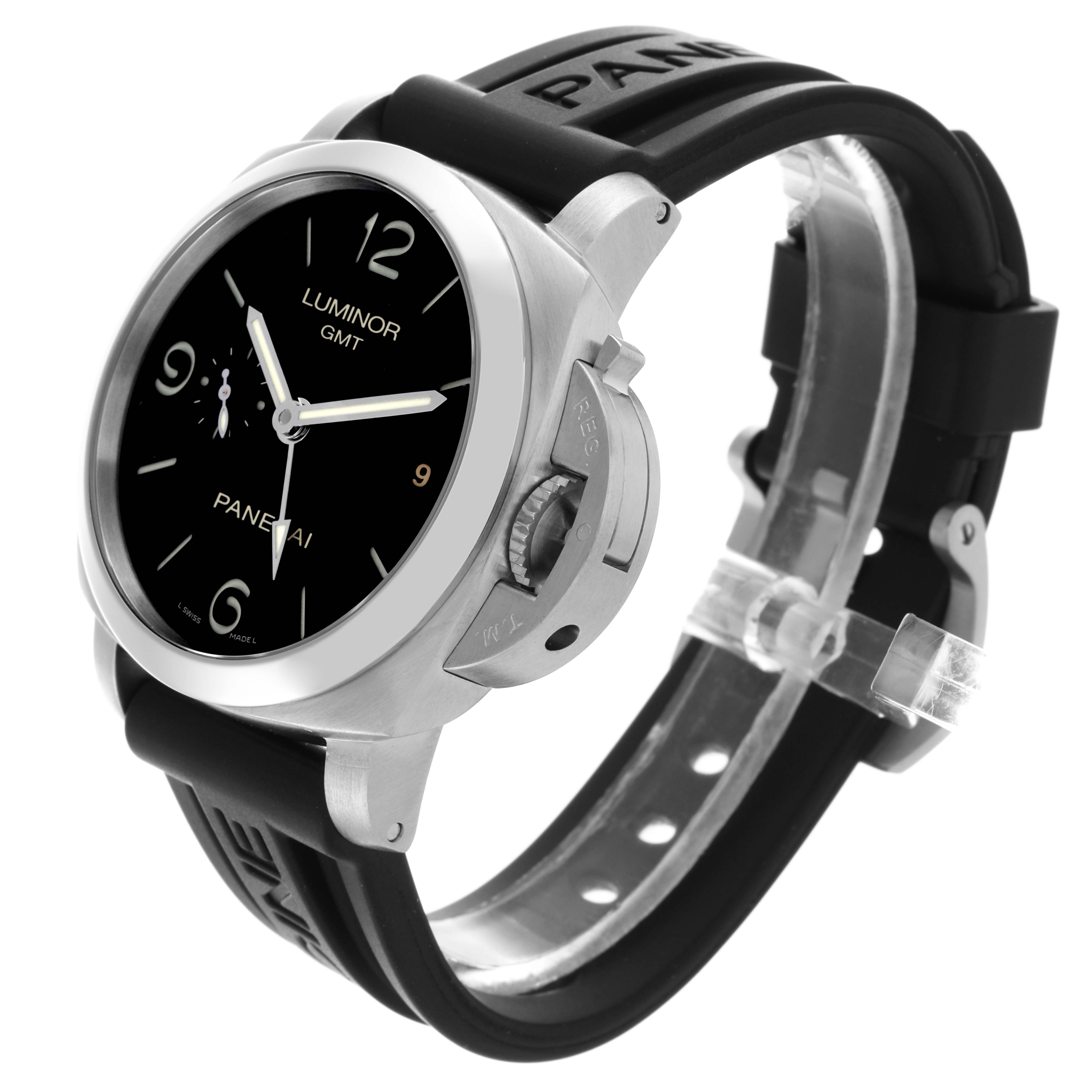 The Panerai Luminor PAM00320 Men's Stainless Steel Black Dial PAM00320 Men's Stainless Steel Black Dial watch is shown at a three-quarter angle, displaying its black dial, crown guard, and rubber strap.