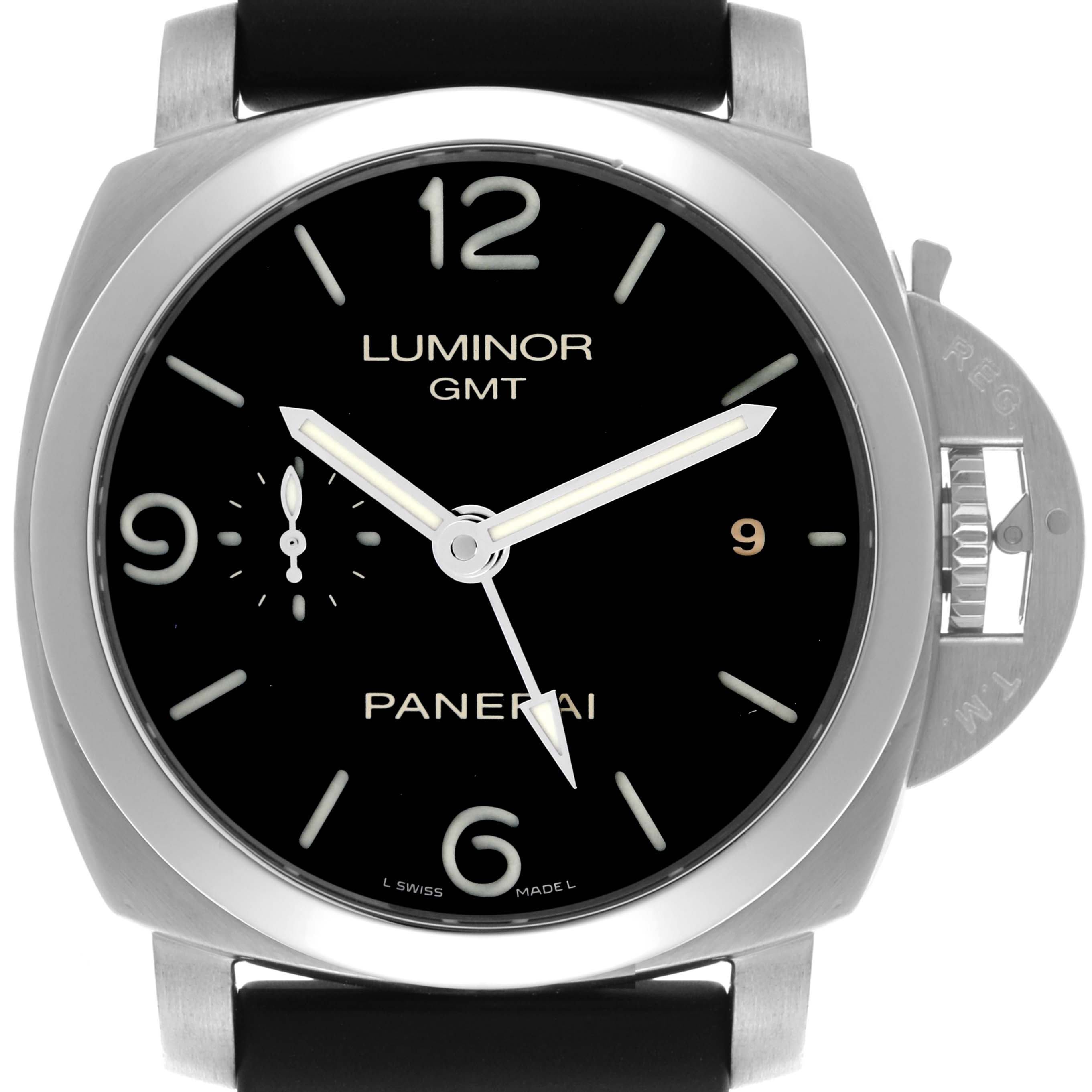 The Panerai Luminor PAM00320 Men's Stainless Steel Black Dial PAM00320 Men's Stainless Steel Black Dial watch is shown from the front, featuring the dial, hands, and crown guard.