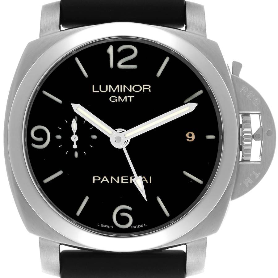 The Panerai Luminor watch is shown from the front, featuring the dial, hands, and crown guard.