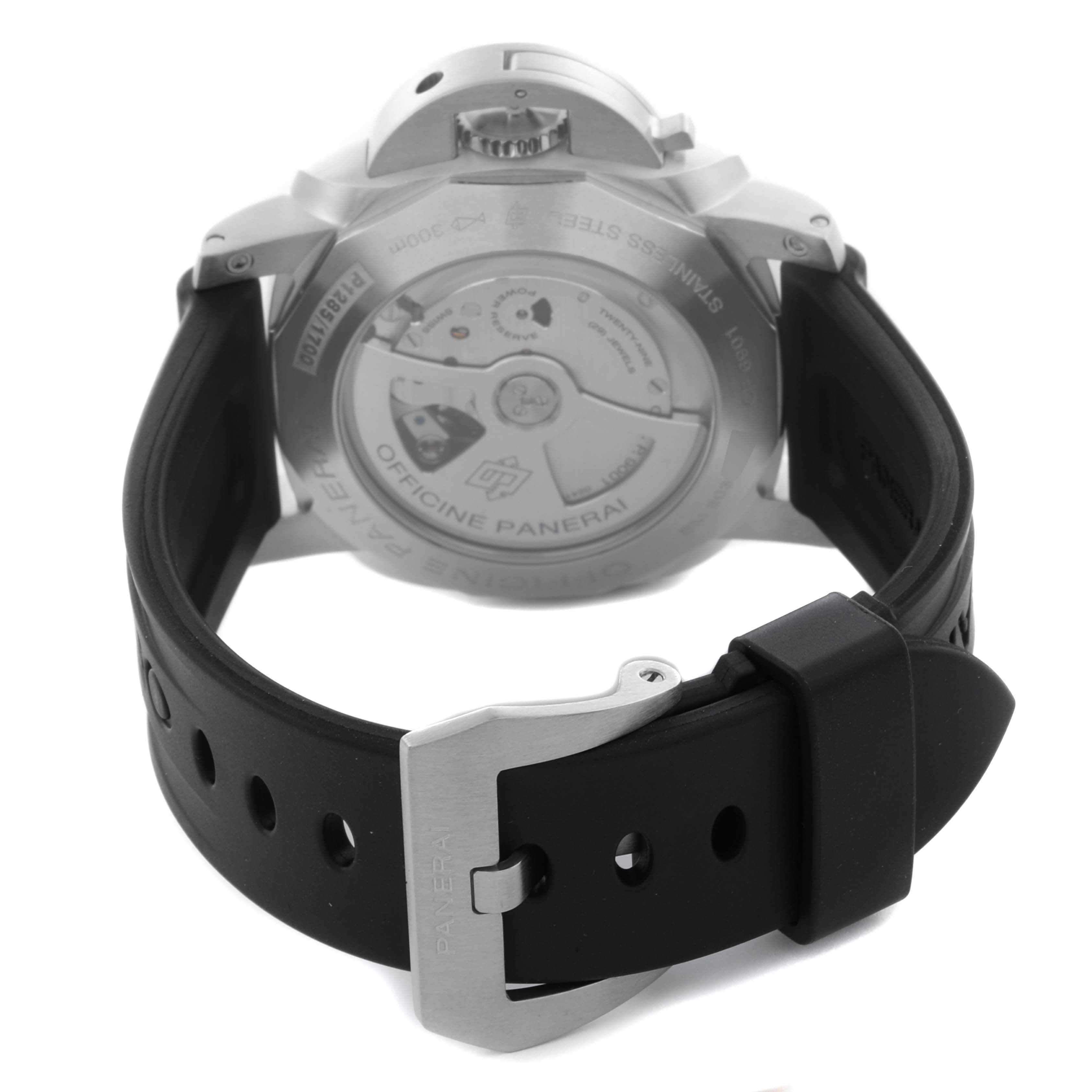 The image shows the back view of a Panerai Luminor PAM00320 Men's Stainless Steel Black Dial PAM00320 Men's Stainless Steel Black Dial watch, highlighting the case back and black strap with buckle.