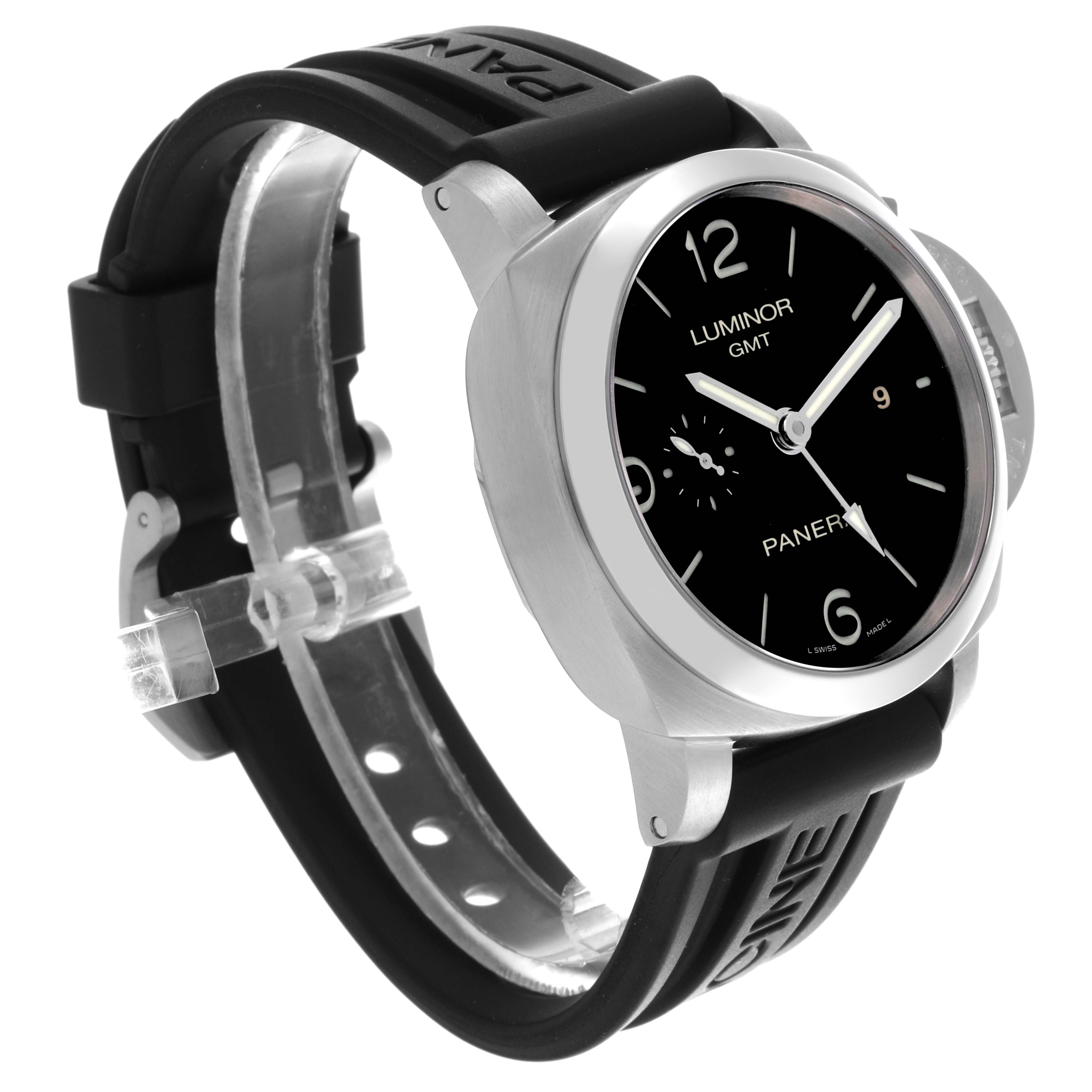This Panerai Luminor PAM00320 Men's Stainless Steel Black Dial PAM00320 Men's Stainless Steel Black Dial model is shown from an angled side view, featuring the dial, case, and rubber strap.