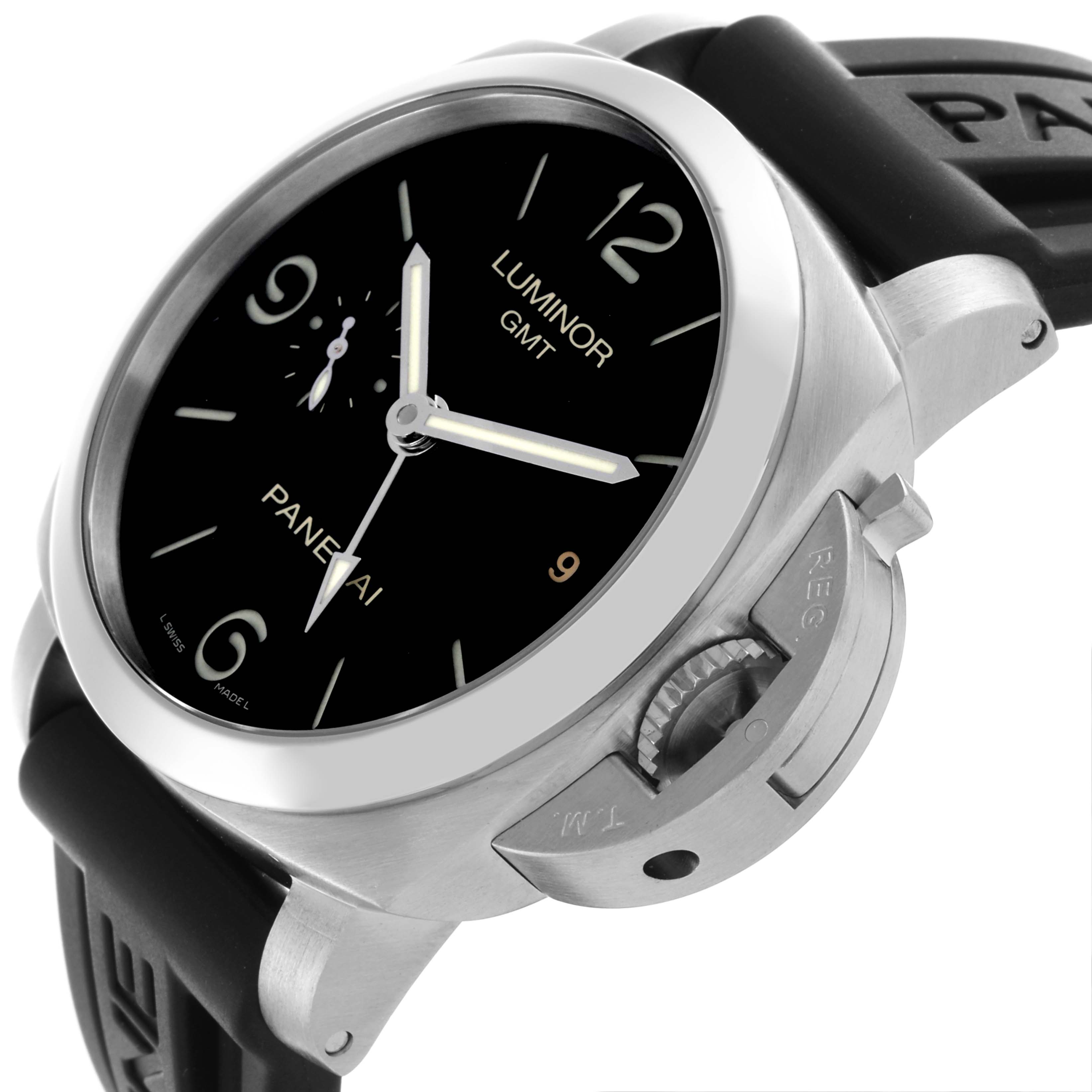 The Panerai Luminor PAM00320 Men's Stainless Steel Black Dial PAM00320 Men's Stainless Steel Black Dial watch is shown at a slight angle highlighting the face, crown guard, and black strap.