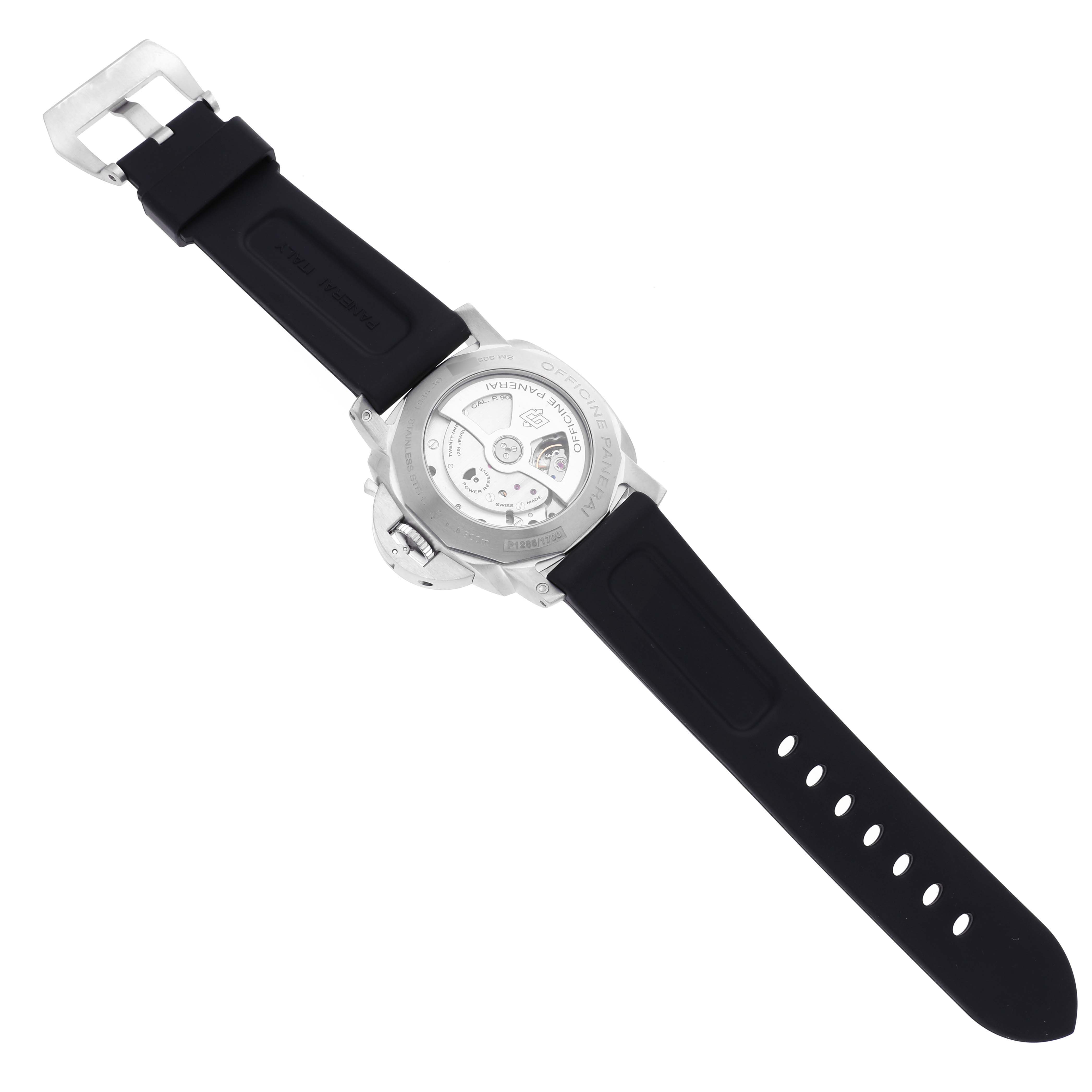 The image shows the back view of a Panerai Luminor PAM00320 Men's Stainless Steel Black Dial PAM00320 Men's Stainless Steel Black Dial watch, displaying the transparent case back and black rubber strap.